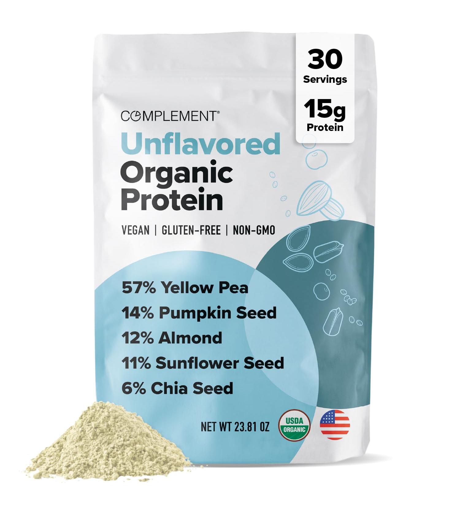 Complement Organic Unflavored Vegan Protein Powder (30 Servings) Low Carb Low Calorie Sugar Free Soy Free Non-GMO Gluten Free Non Dairy- Yellow Pea Pumpkin Seed- 15g Plant Based Protein Powder Unflavored 30 Servings  - Buy Online on GoSupps.com