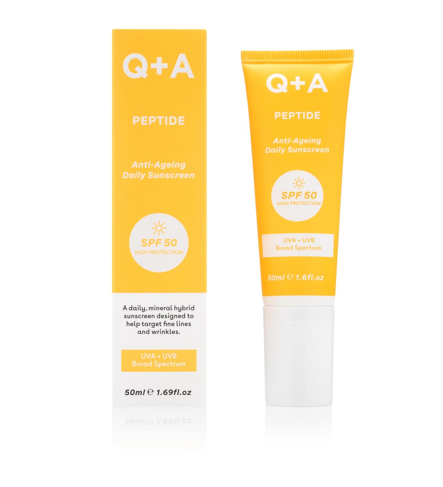 Q+A Peptide Anti-Ageing Daily Sunscreen SPF 50: Lightweight Non-Sticky Broad-Spectrum UVA/UVB Collagen-Boosting Hydrating Radiance-Enhancing 95% Natural Vegan Facial SPF 50ml - Buy Online on GoSupps.com