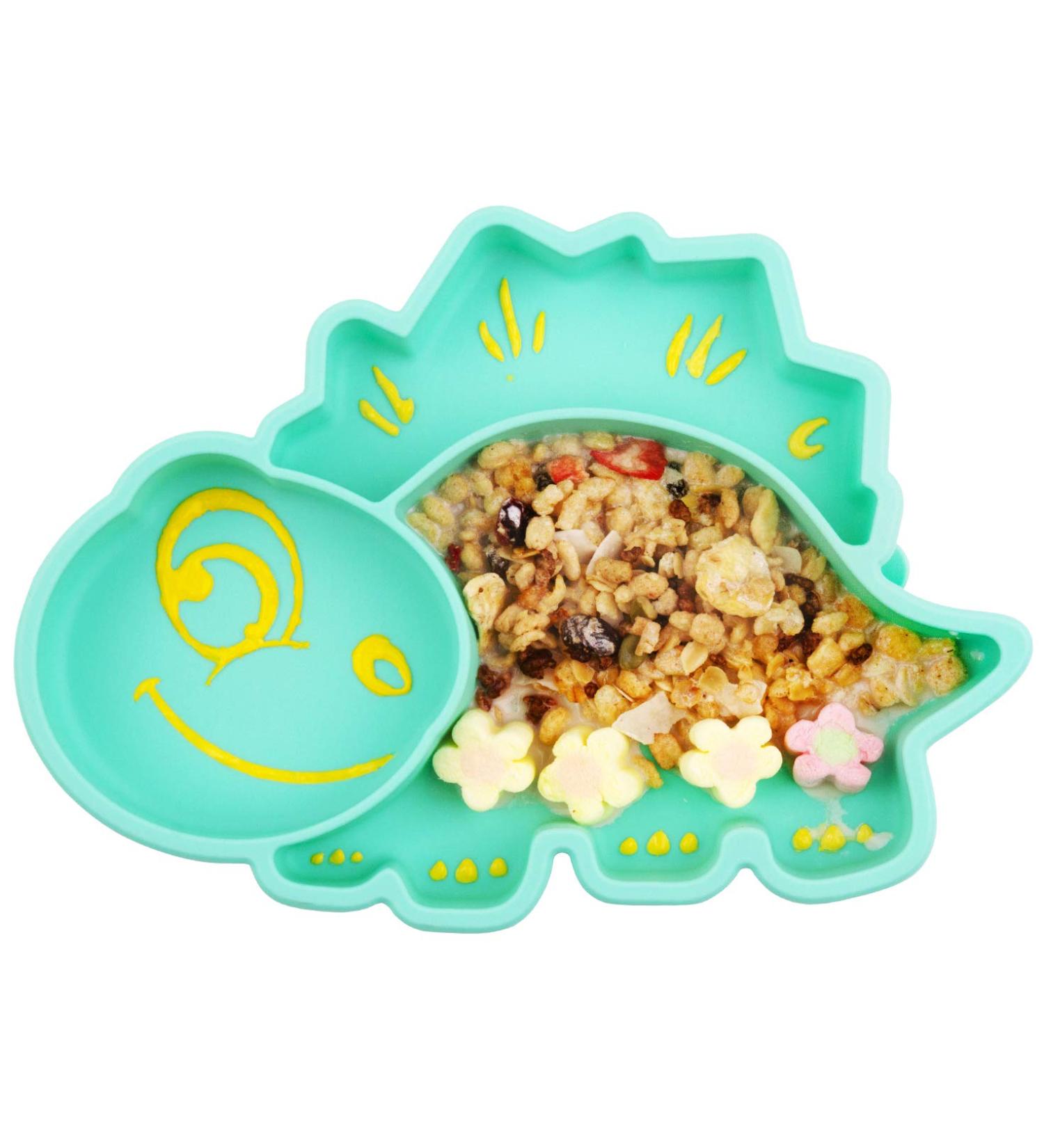 Silicone Baby Plates Divided - Non Slip Suction Toddler Plates | BPA Free, Dishwasher & Microwave Safe | Dino-Cyan - Buy Online on GoSupps.com