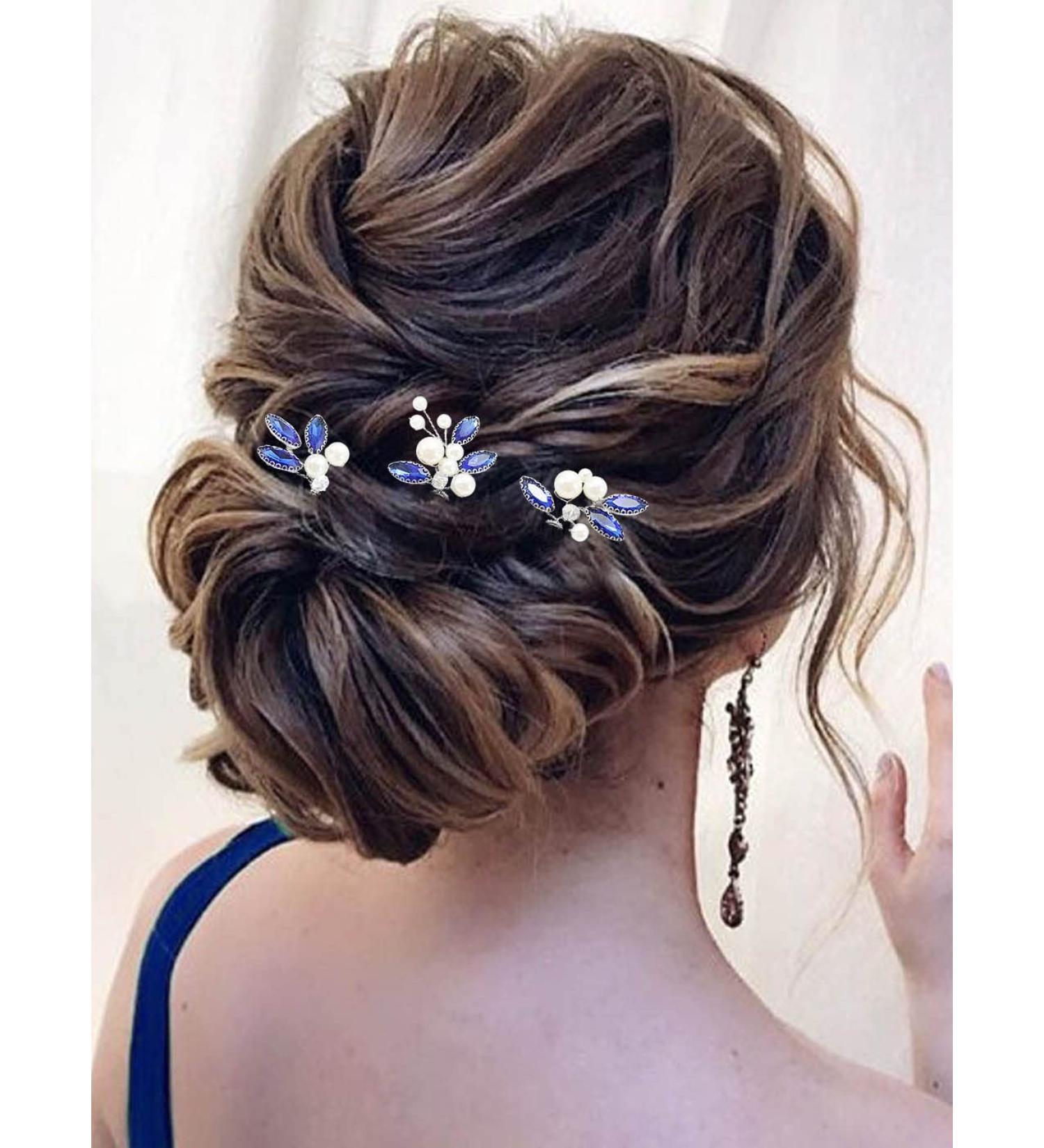 Latious Bride Wedding Hair Pins - Pearl & Blue Crystal Hair Clips (Pack of 3) - Rhinestone Hair Accessories in Silver - Buy Online on GoSupps.com