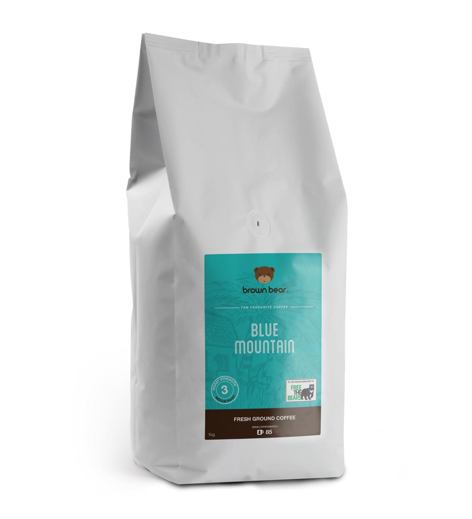 Blue Mountain Ground Coffee 1kg - For Filter Cafetiere V60 French Press - Medium Roast - Brown Bear - Strength 3 - Donation to Free The Bears - Buy Online on GoSupps.com