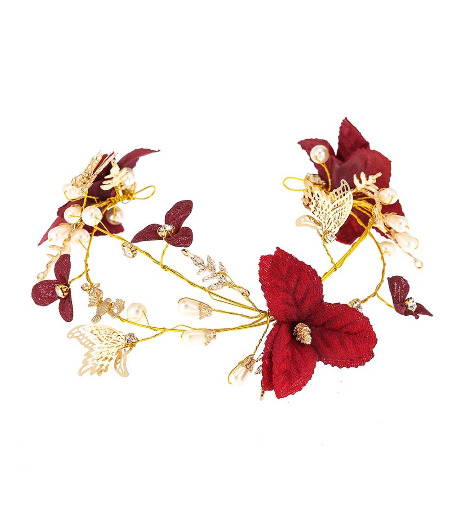 Red Butterfly Headband with Pearl Gold Bridal Tiara | Rhinestone Hair Garland Wreath for Weddings & Parties - International Shipping - Buy Online on GoSupps.com