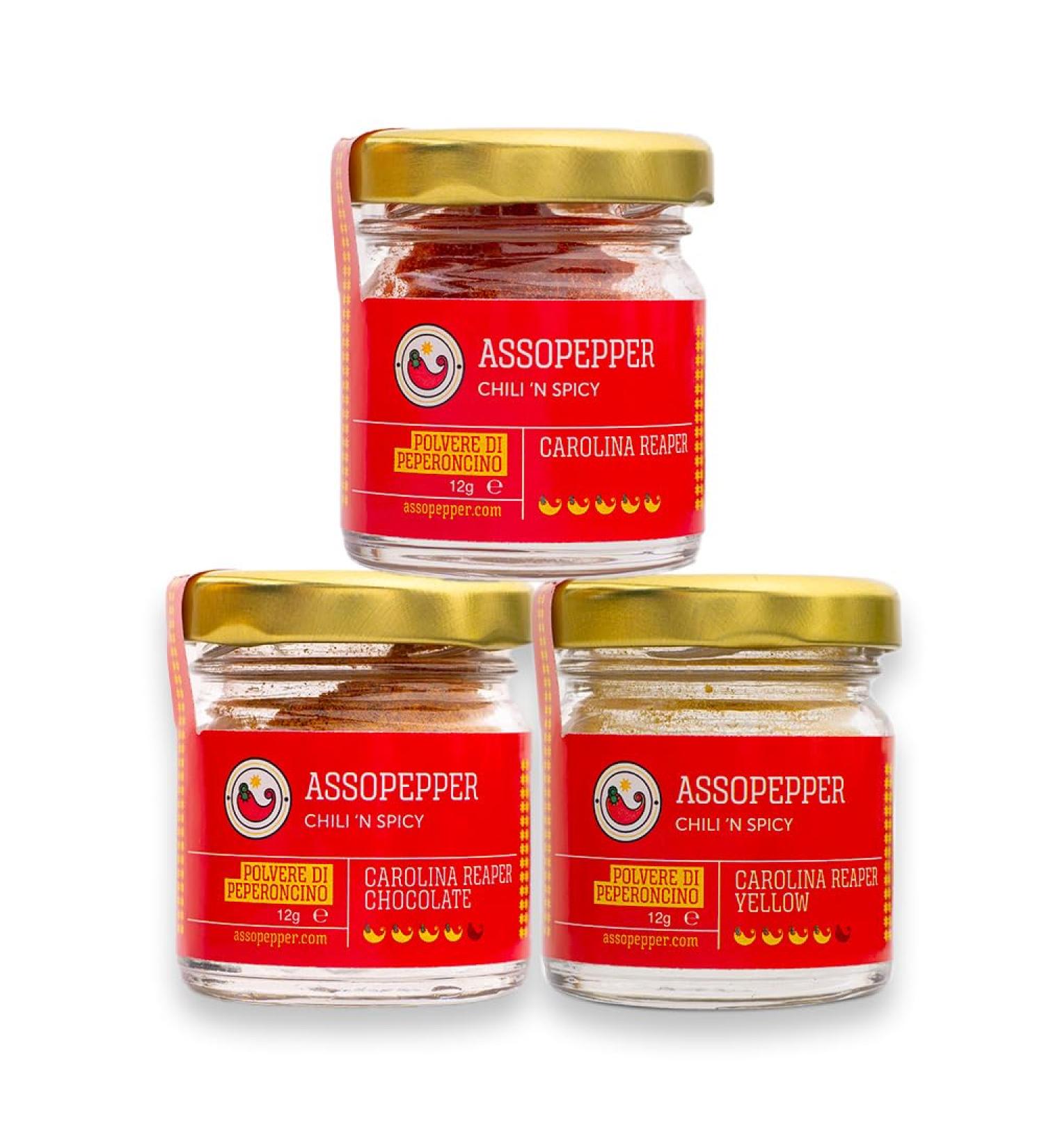 Assopepper di Massimo Utro Carolina Reaper Pepperoni Powder Red Yellow and Chocolate 12g Powder Superhot Guinness World Record as Smallest in the World