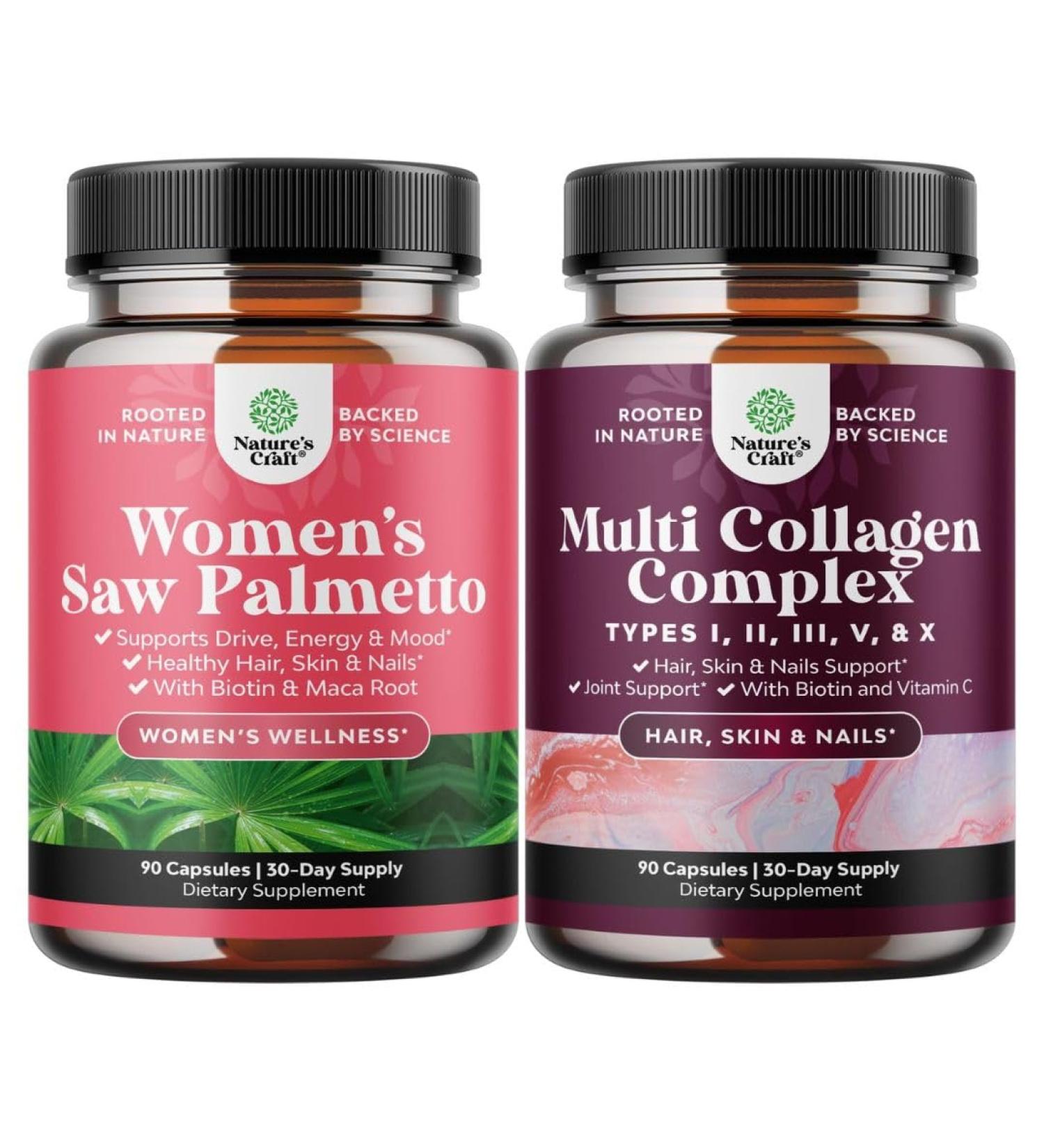 Bundle of Extra Strength Saw Palmetto for Women 500mg - Hair Vitamins for Hair Loss Supplement and Advanced Multi Collagen Complex - Ageless Multi Collagen Peptides with Type 1 2 3 5 & X & Biotin - Buy Online on GoSupps.com