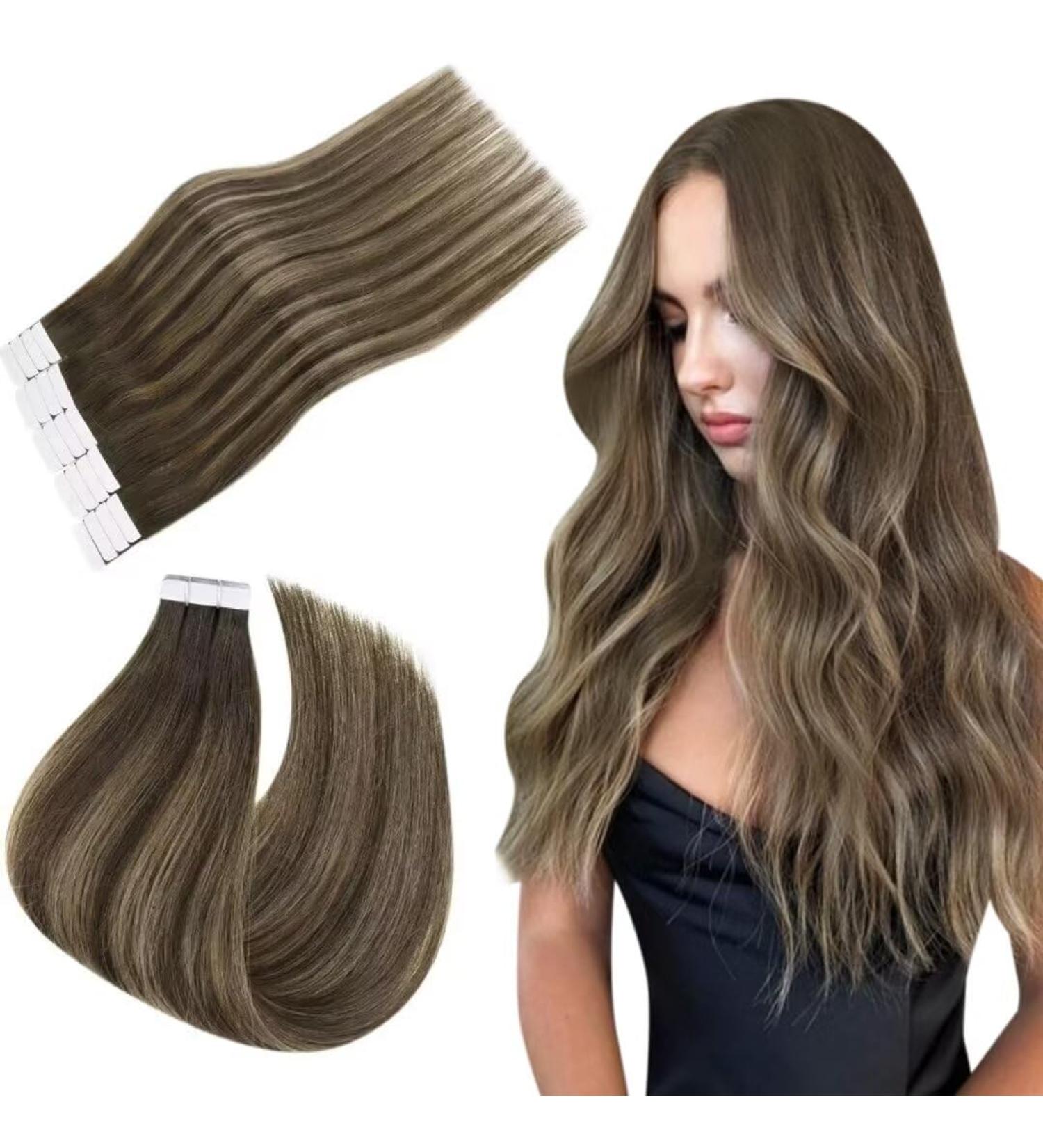 Easyouth Balayage Tape Extensions - Real Hair Seamless Skin Weft Darkest Brown & Ash Brown Mix 12 inch 30g - Ideal for Cancer Patients #2/8/2 - Buy Online on GoSupps.com