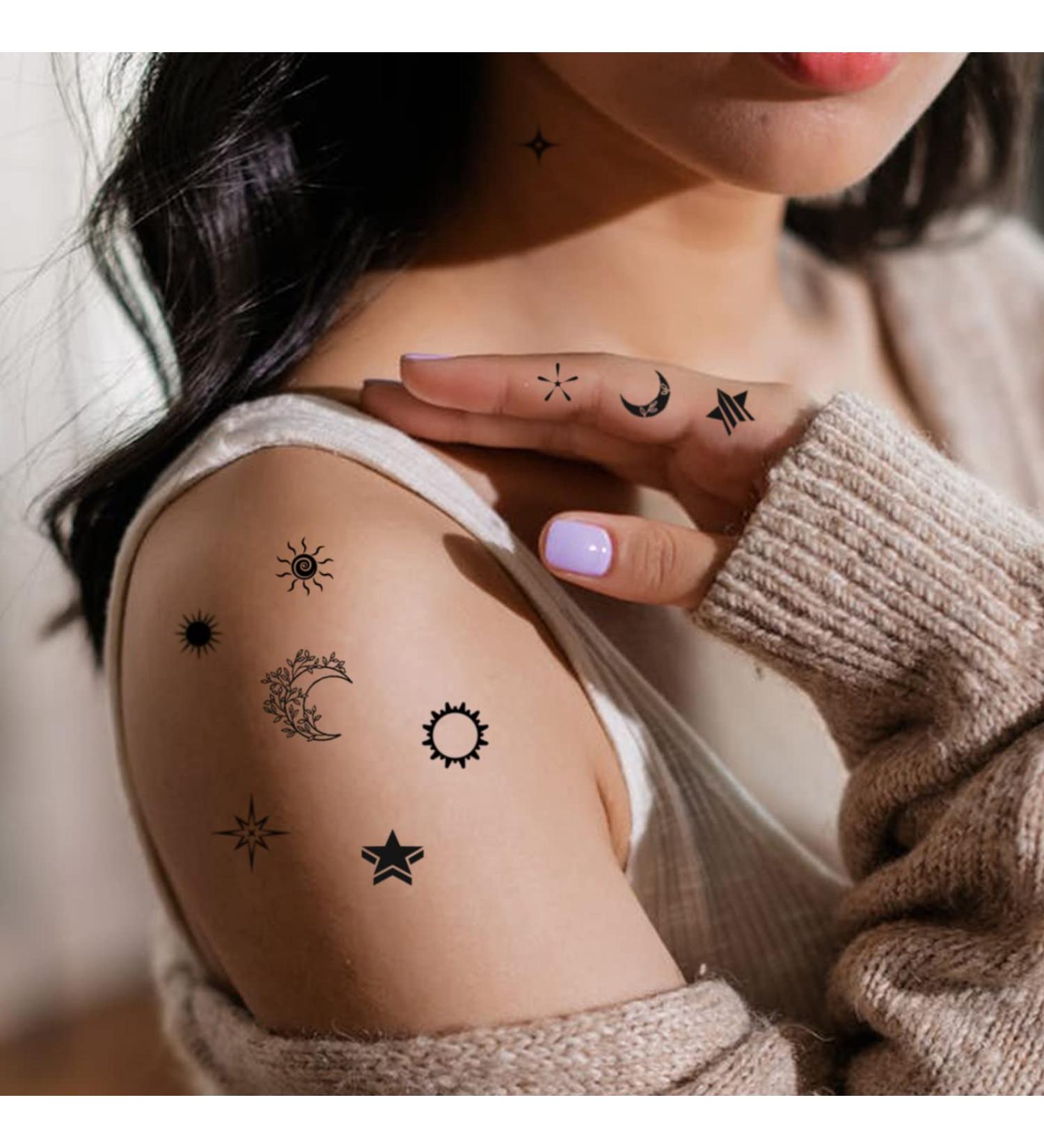 Sun Moon Star Temporary Tattoos - 7 Sheets, 100+ Minimalist Cute Black Designs, Fake Tattoo Stickers for Kids & Women - Buy Online on GoSupps.com