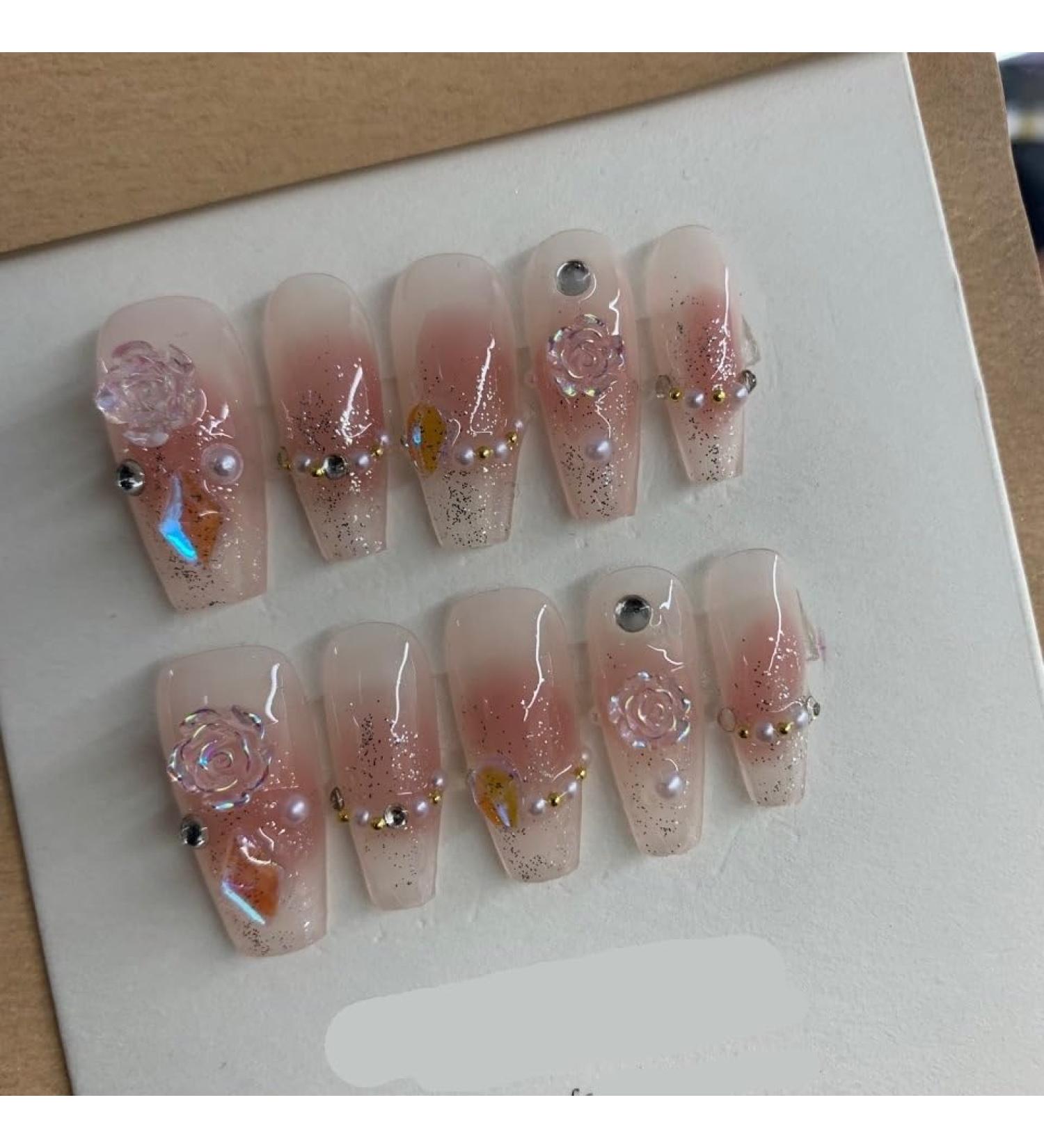 Handmade nail enhancement patch New pink powder blusher aurora camellia removable false nail patch 10PCS (Size : L) 1 count (Pack of 1)