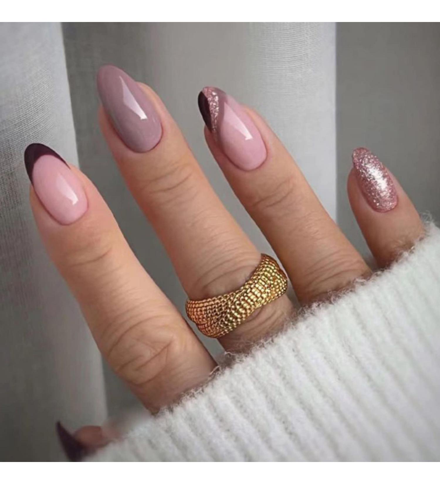JUSTOTRY 24 Pcs Swirl Stiletto False Nails - Medium Rose French Press on Nails for Women with Nail Glue - Short Almond Stick on Nails for Nail Art - Buy Online on GoSupps.com