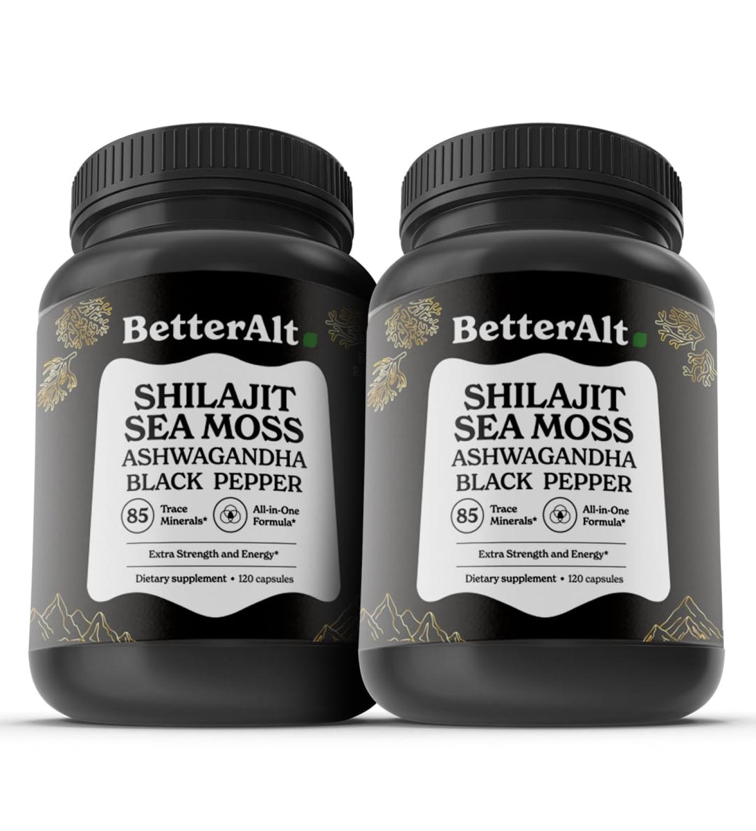 Better Alt Shilajit Sea Moss Capsules Pack of 2 with Ashwagandha & Black Pepper Extract with 85+ Essential Minerals & Antioxidants| Boosts Energy & Metabolism - 120 Servings 240 Capsules Shilajit Seamoss Capsules - Pack of 2 - Buy Online on GoSupps.com