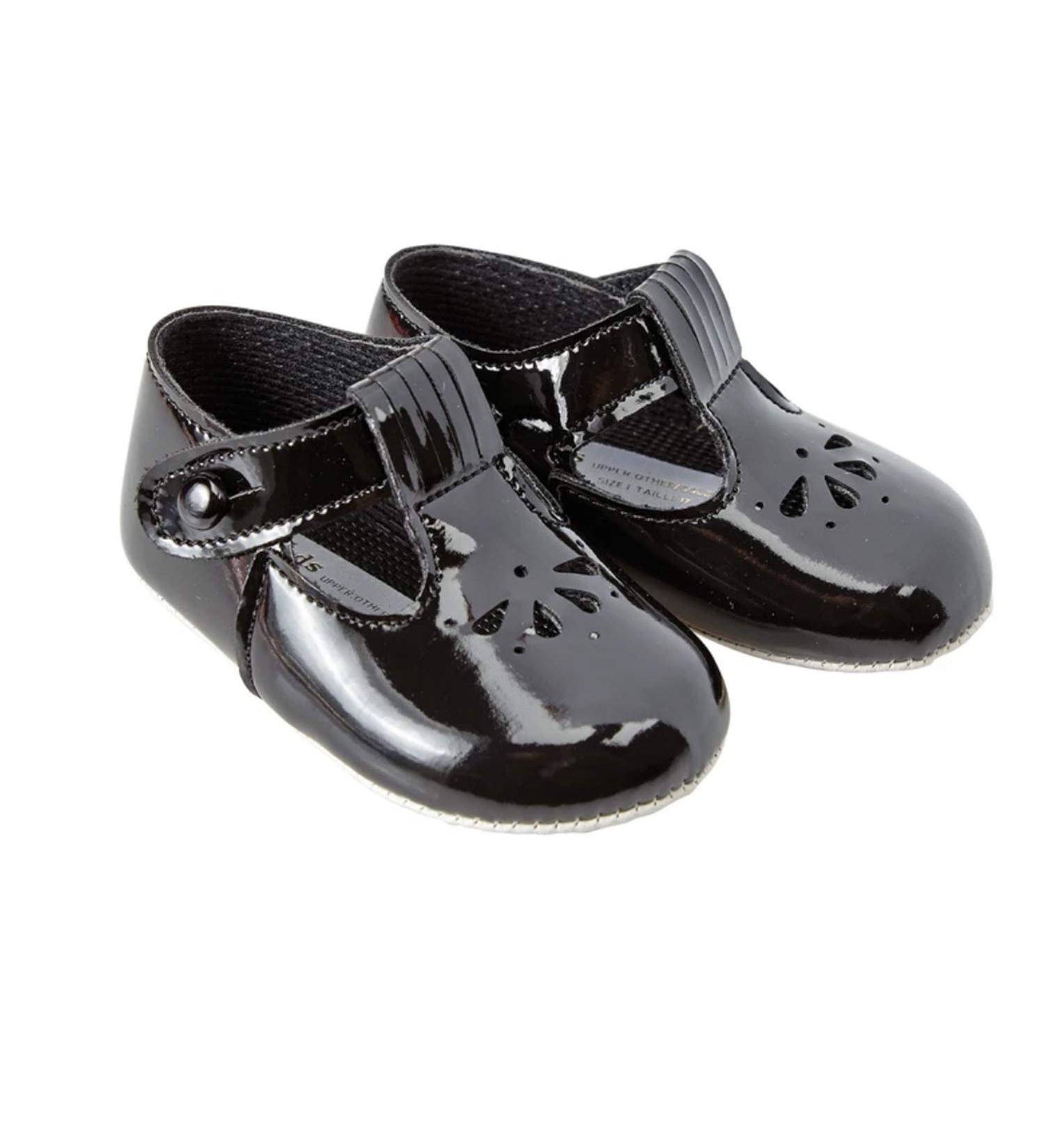Early Days Baypods B617 T Bar with Petal Punch Pre Walker Baby Shoes Made in The Softest Faux Leather Made in England 1 UK Child Black Patent