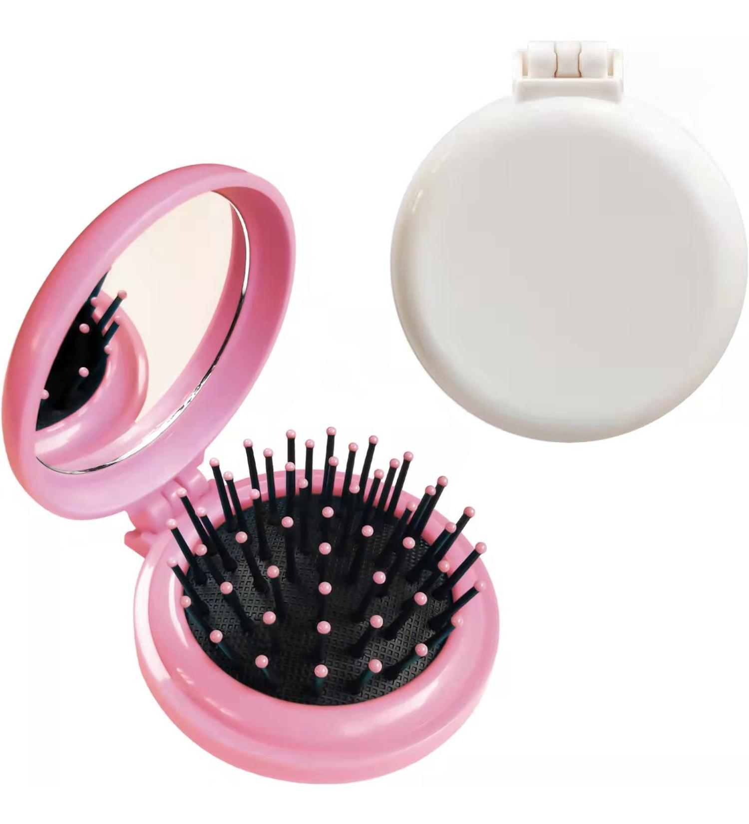 Folding Hair Brush with Mirror - Mini Compact Massage Comb for Girls and Women (Pink+White) - Buy Online on GoSupps.com