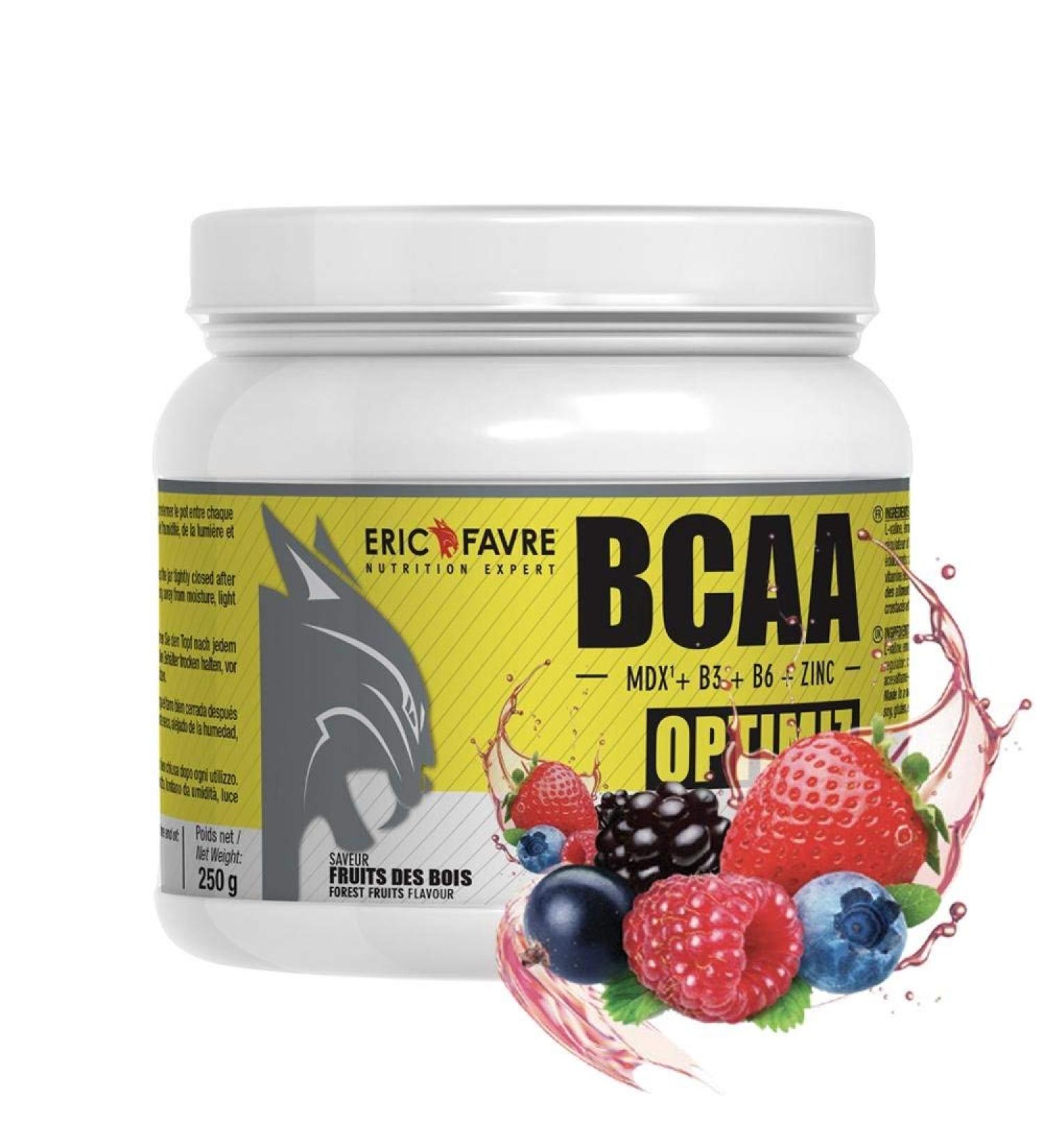 BCAA OPTIMIZ Amino Acids BCAA 2.1.1 Enriched with Vitamin B + Zinc Helps Reduce Fatigue 250 g French Laboratory Eric Favre Fruits des Bois - Buy Online on GoSupps.com