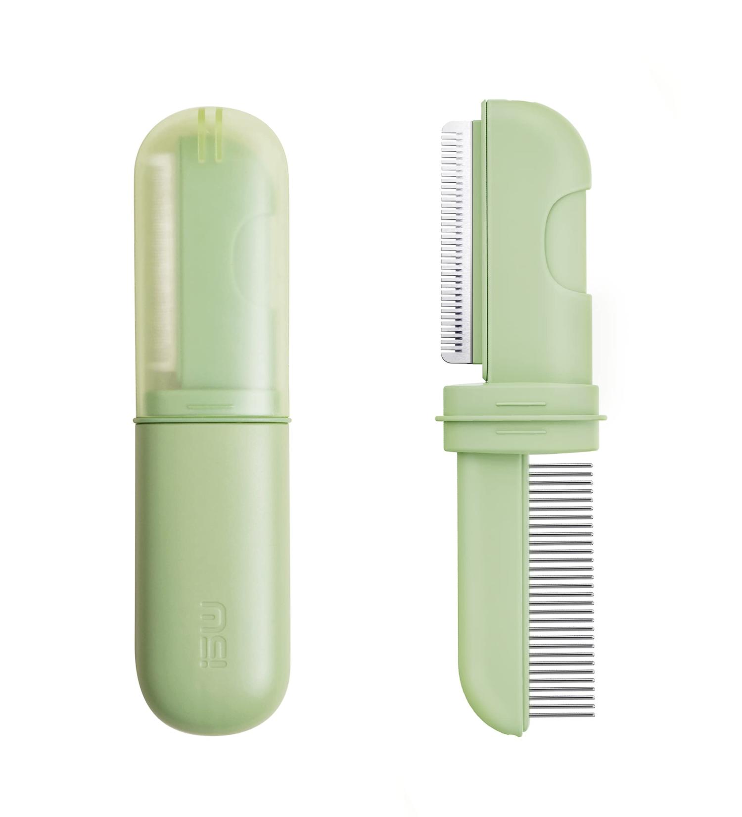 2-in-1 Self Cleaning Cat/Dog Comb for Shedding & Grooming - Flea Comb Included - Olive Green - Buy Online on GoSupps.com
