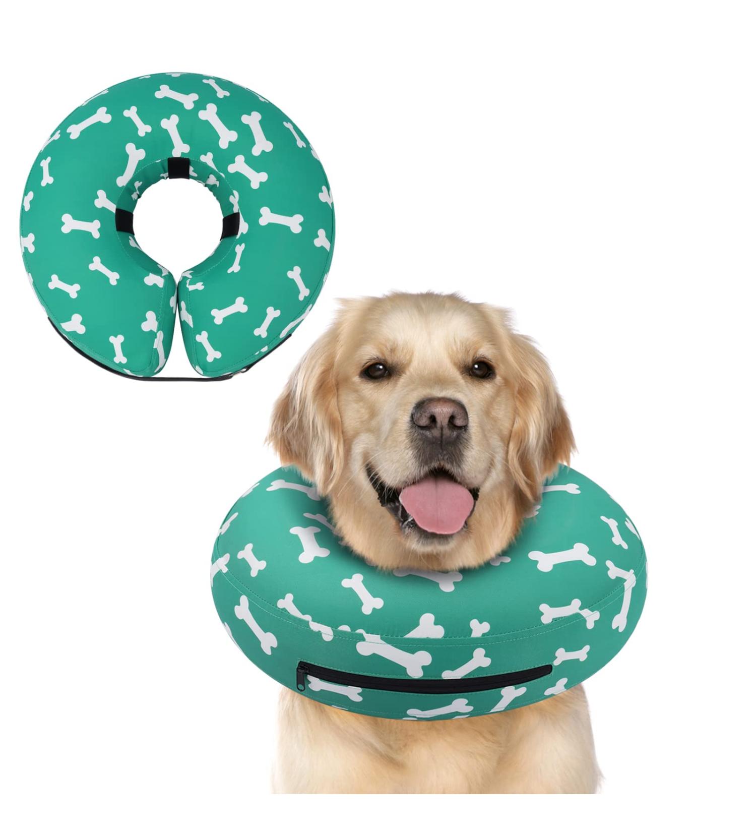 Supet Halskrause Dog - Adjustable Inflatable Recovery Collar for Dogs & Cats | Comfortable Protective Cone (Green Bones S - Neck Circumference: 17.8-25.4cm) - Buy Online on GoSupps.com