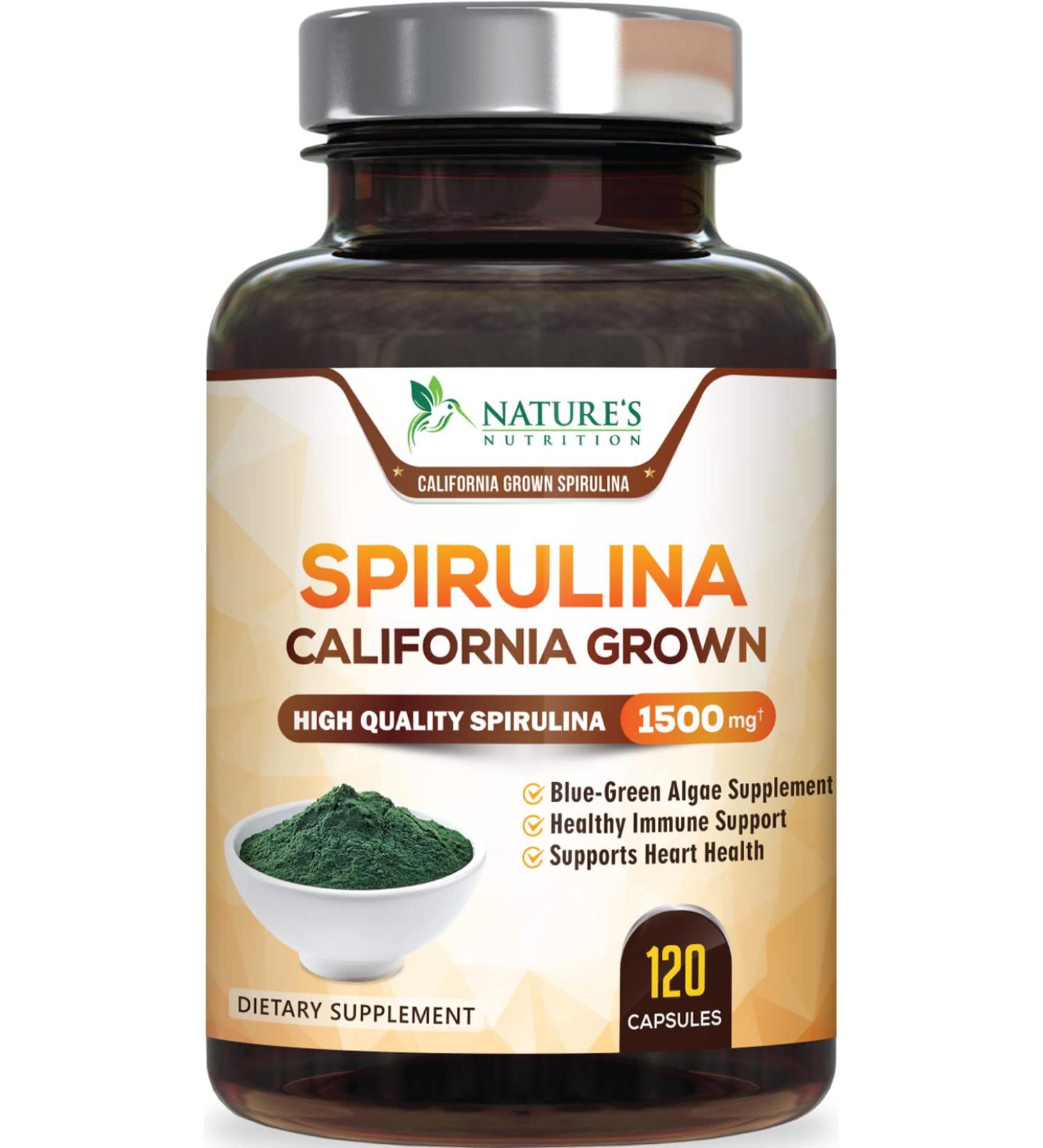Premium 1500mg Spirulina Capsules - Antioxidants, Protein, Fatty Acids, Fiber & Vitamins - Non-GMO & Vegan - 120 Capsules - Buy Online on GoSupps.com