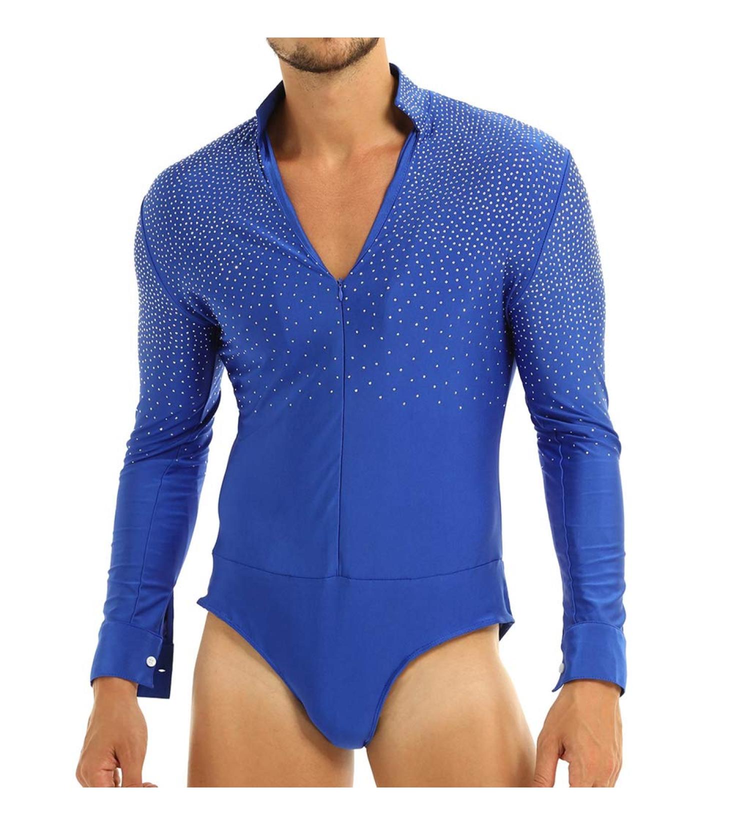 YiZYiF Men's Sequins V Neck Dance Shirt Unitard Blue - Medium | Dancewear - Buy Online on GoSupps.com