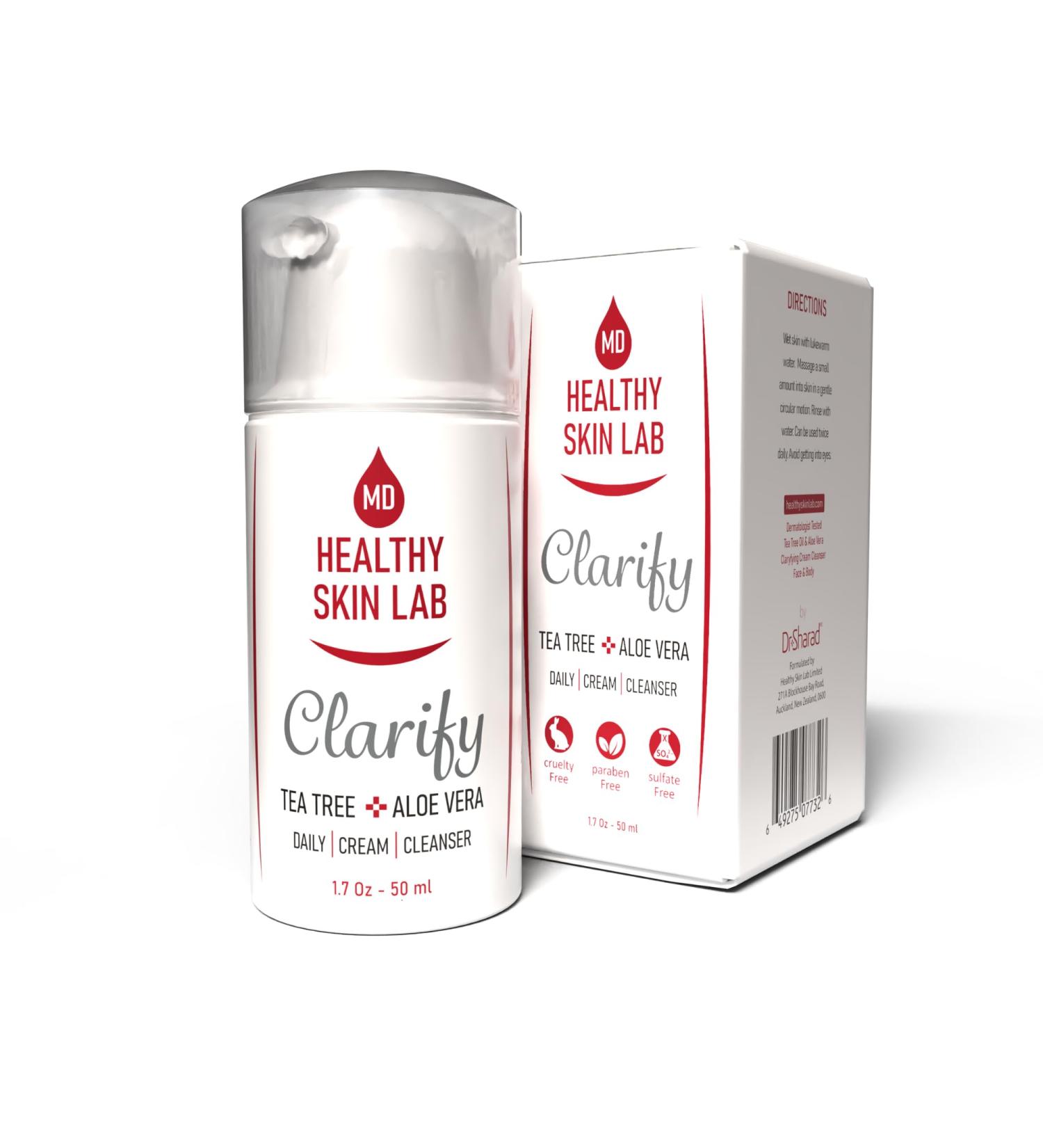 Healthy Skin Lab Clarify Hydrating Cream Cleanser Face Wash & Makeup Remover With Aloe Vera & Tea Tree Oil. Reduces Acne & Deeply Hydrates For Sensitive Acne-Prone Skin & All Skin Types 50ml