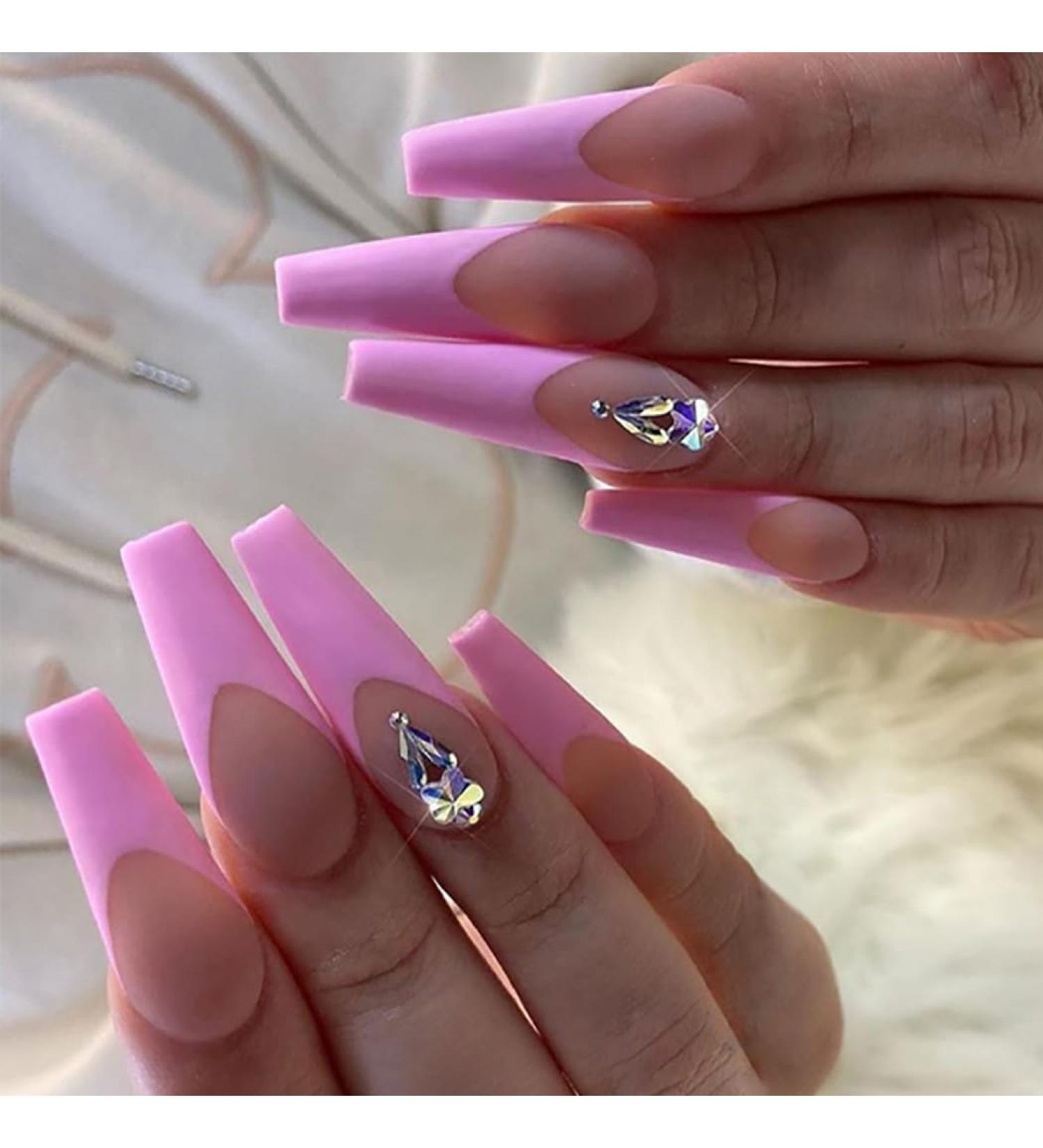 Coffin False Nails Long Fake Nails Pink Crystal Ballerina Acrylic Press on Nails Full Cover Stick on Nails 24pcs for Women and Girls 1 count (Pack of 1) Pink - Buy Online on GoSupps.com