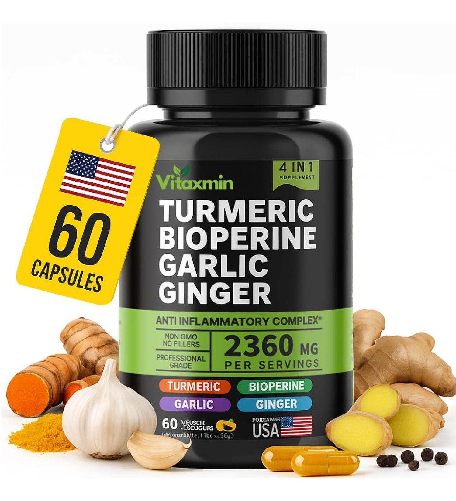 Turmeric Curcumin Supplement with BioPerine & Garlic - 2360mg High Potency Turmeric Ginger Root Capsules for Joint Support Immune Health & Anti Inflammatory - 60 Veggie Caps - Buy Online on GoSupps.com