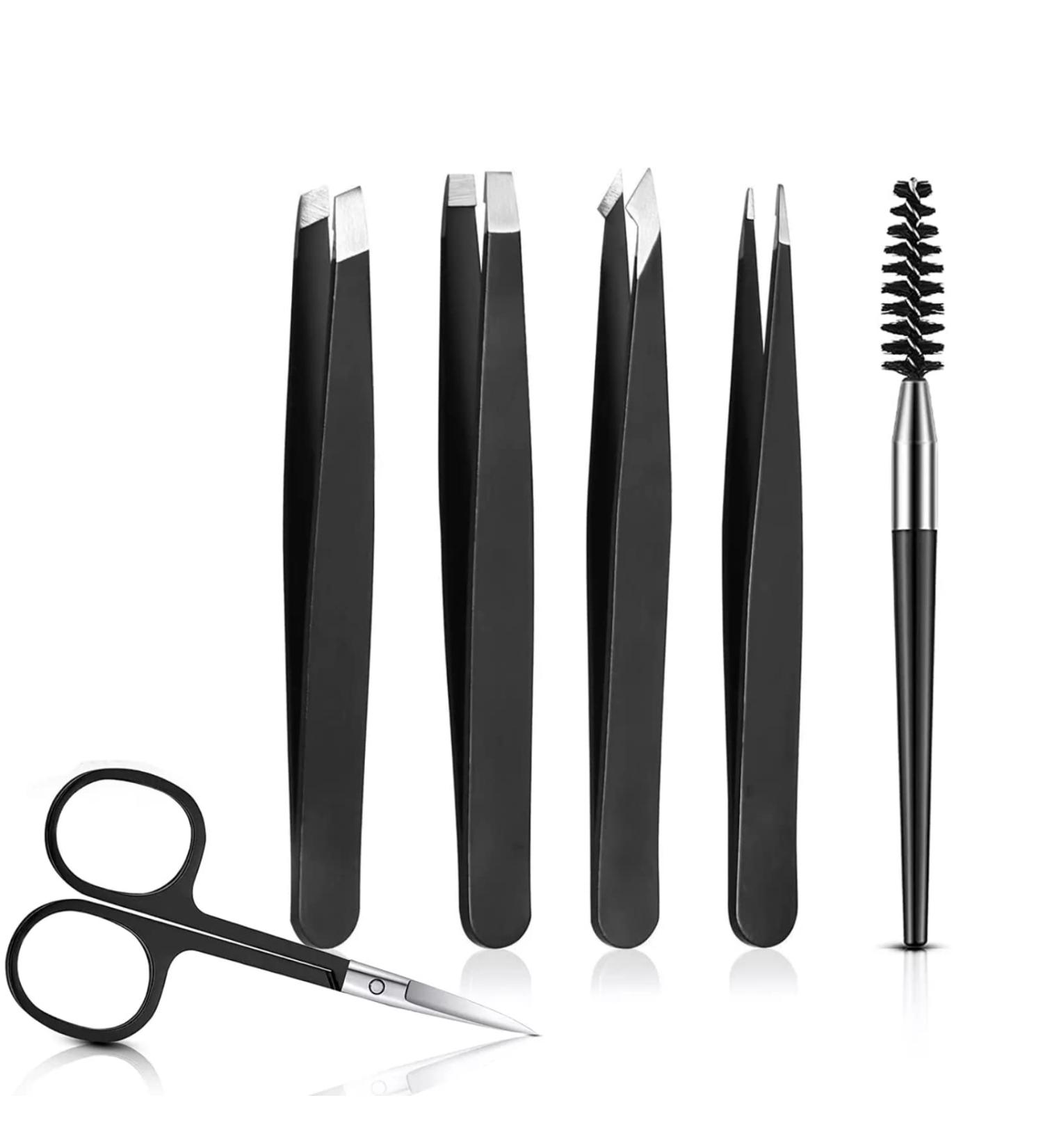 Womens Eyebrow Tweezers Set - 4Pcs Slant Pointed Precision Tweezers for Ingrown Hair Removal - Includes Curved Scissors and Brow Brush - Travel Case Included - Buy Online on GoSupps.com