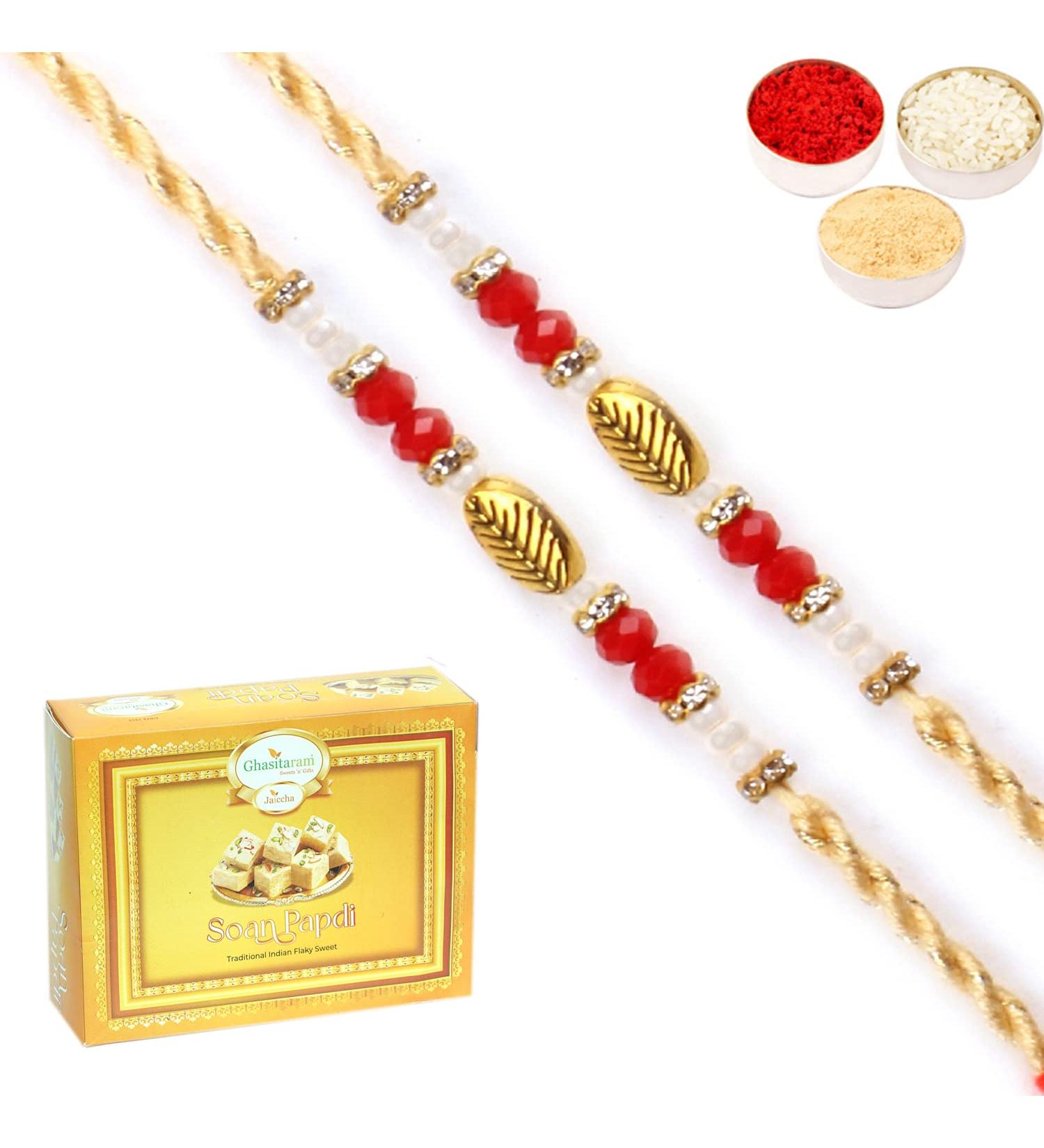 Ghasitaram Gifts Rakhi for Brother Rakhis Online -Set of 2-6342 Pearl Rakhi for My Brother with 400 GMS of Soan Papdi Set of 2 Rakhis with 400 gms of Soan Papdi - Buy Online on GoSupps.com