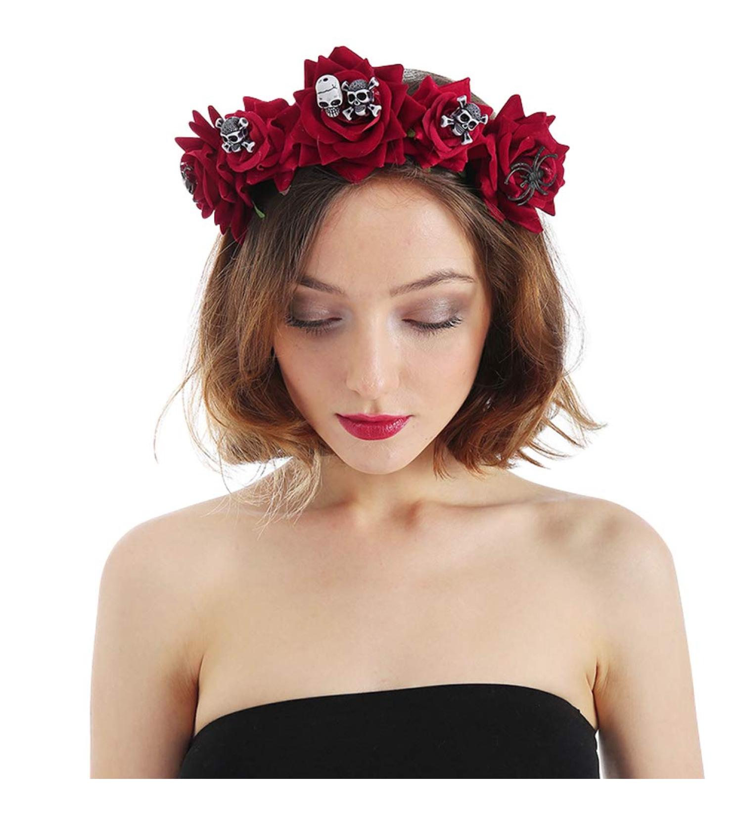 Halloween Rose Flower Headband Red Rose Flower Crown Festival Headband Hair Garland Rose Headpiece Reality Rose Floral Crown Garland Halo Flower Headpiece Rose Hair Wreath with Skull and Spider Prop - Buy Online on GoSupps.com