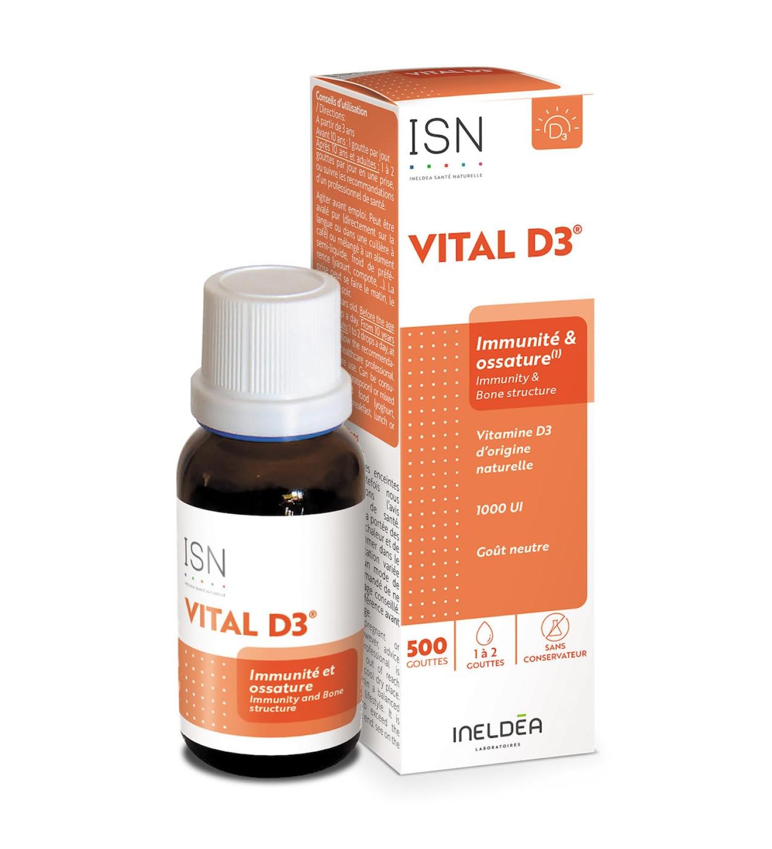 ISN - Vital D3 - 1000 UI - Compl ment Alimentaire riche en Vitamine D3 - Origine 100% Naturelle - Capital Osseux & Soutien de l'Immunit - Go t Neutre - Flacon Compte-gouttes 20ml - Buy Online on GoSupps.com