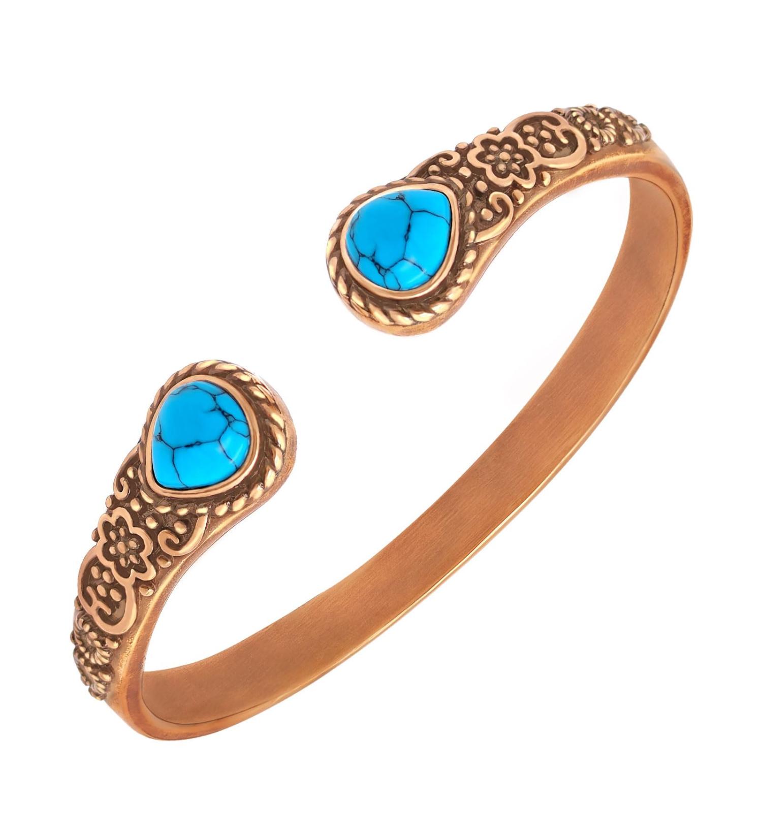 Jeroot Women's Copper Magnetic Bracelet - Vintage Flower Design with 6 Powerful Magnets & Turquoise Accents - Buy Online on GoSupps.com
