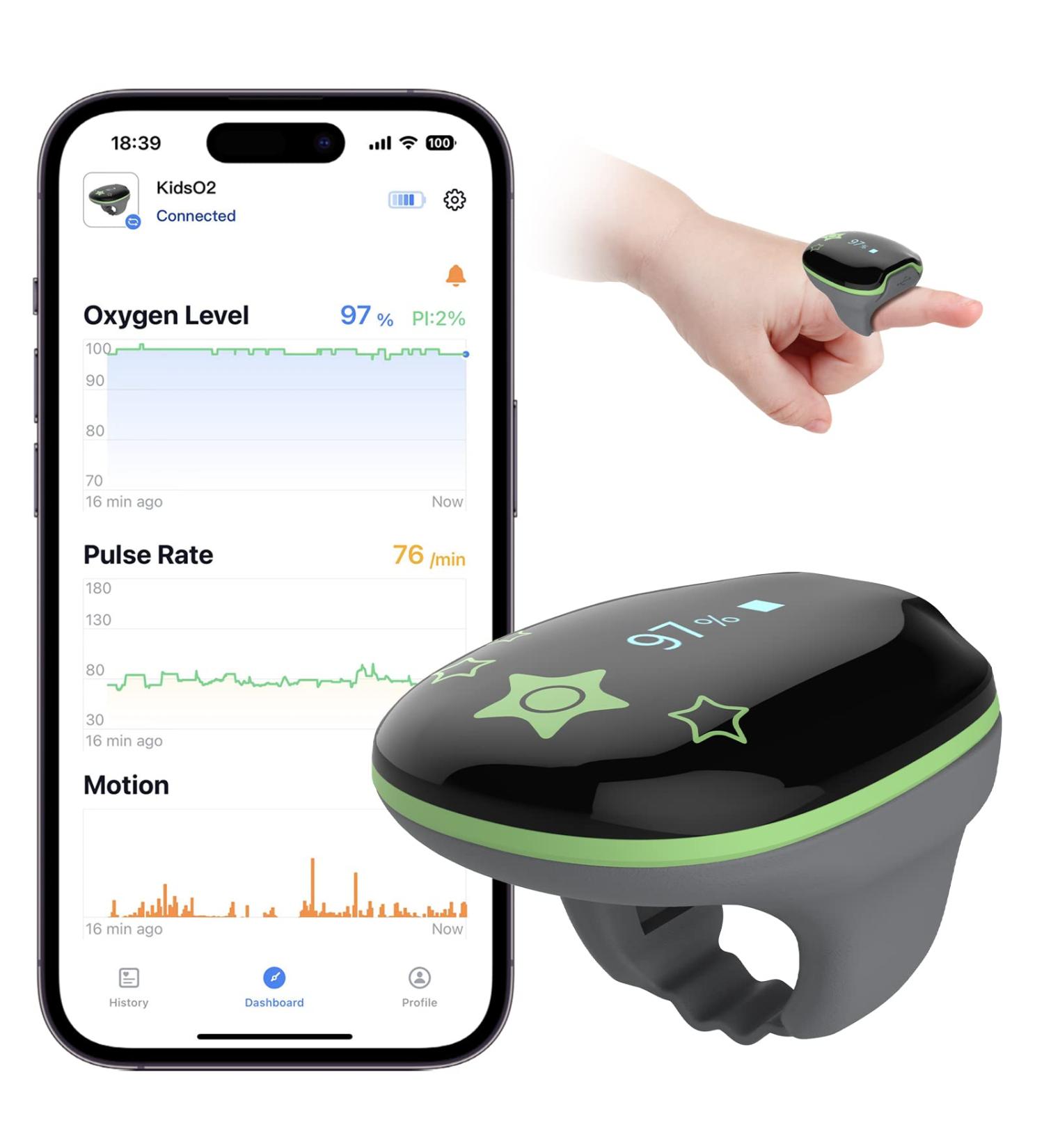 Children's Pulse Oximeter KidsO2 Ring - Portable Oxygen Saturation Meter for Ages 3-12 | Continuous Blood Oxygen & Pulse Monitoring with Free Bluetooth App - Buy Online on GoSupps.com