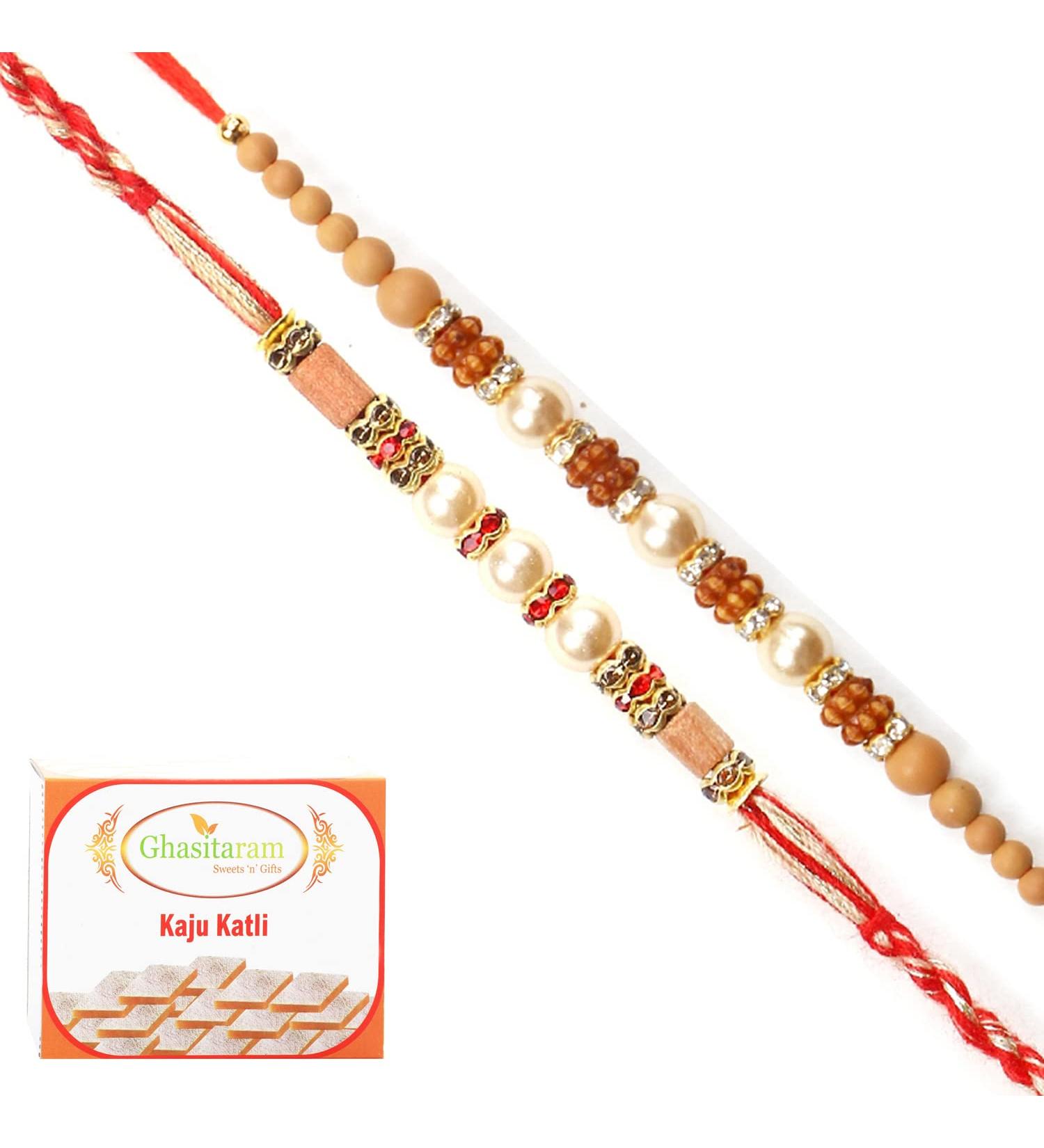 Ghasitaram Gifts Rakhi for Brother Rakhis Online - Set of 2 6299 6340 Pearl Rakhis with 200 GMS of Kaju katli - Buy Online on GoSupps.com