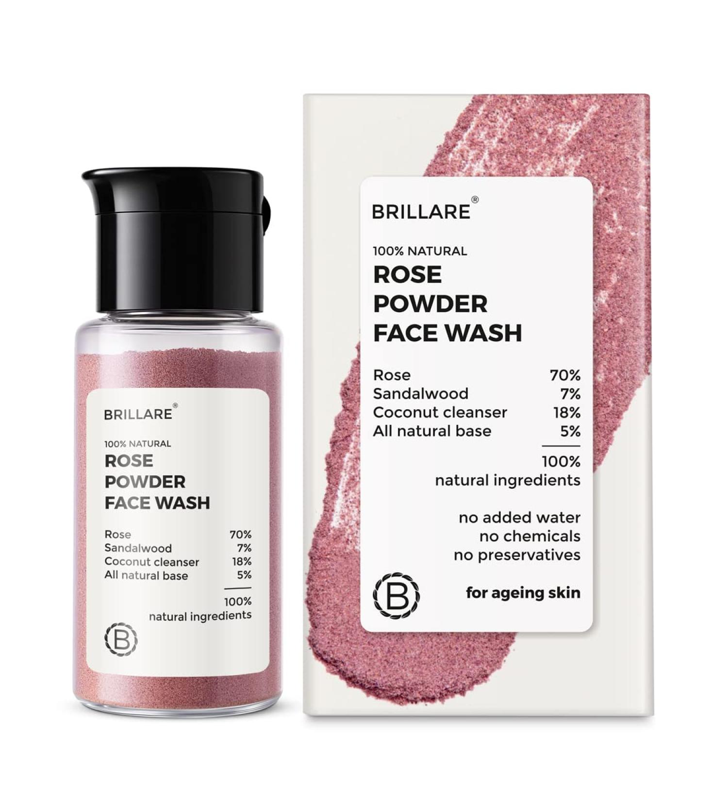 BRILLARE Real Rose Powder Facial Cleanser - Natural Exfoliator with Rose Petal & Sandalwood | Paraben & Sulfate-Free Skincare for Men & Women - 15gm - Buy Online on GoSupps.com
