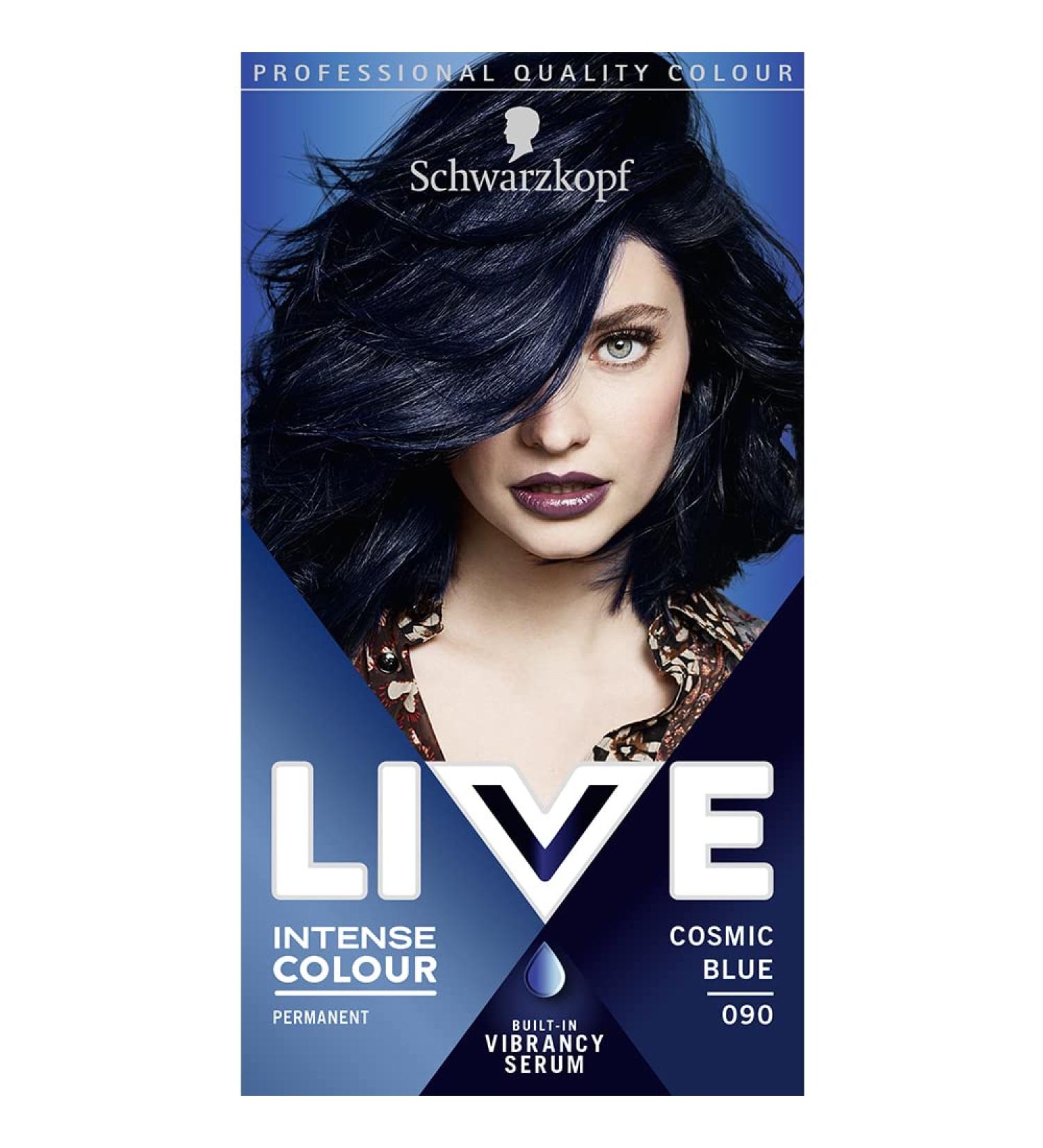 Schwarzkopf LIVE Intense Colour Long Lasting Permanent Black Blue Hair Dye With Built-In Vibrancy Serum Up To 100 Percent Grey Coverage Cosmic Blue 090 1 Count Cosmic Blue 1 count (Pack of 1) - Buy Online on GoSupps.com
