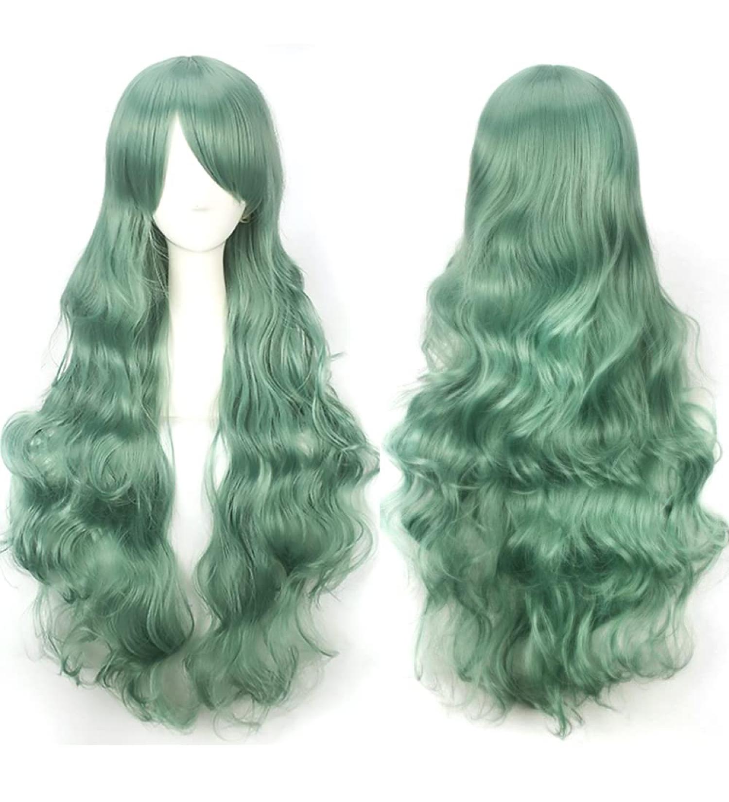 YEESHEDO 32 Mint Green Wavy Curly Cosplay Wig with Bangs - Heat Resistant Synthetic Hair for Women and Girls | Ideal for Parties, Costume, Anime, Halloween - Buy Online on GoSupps.com