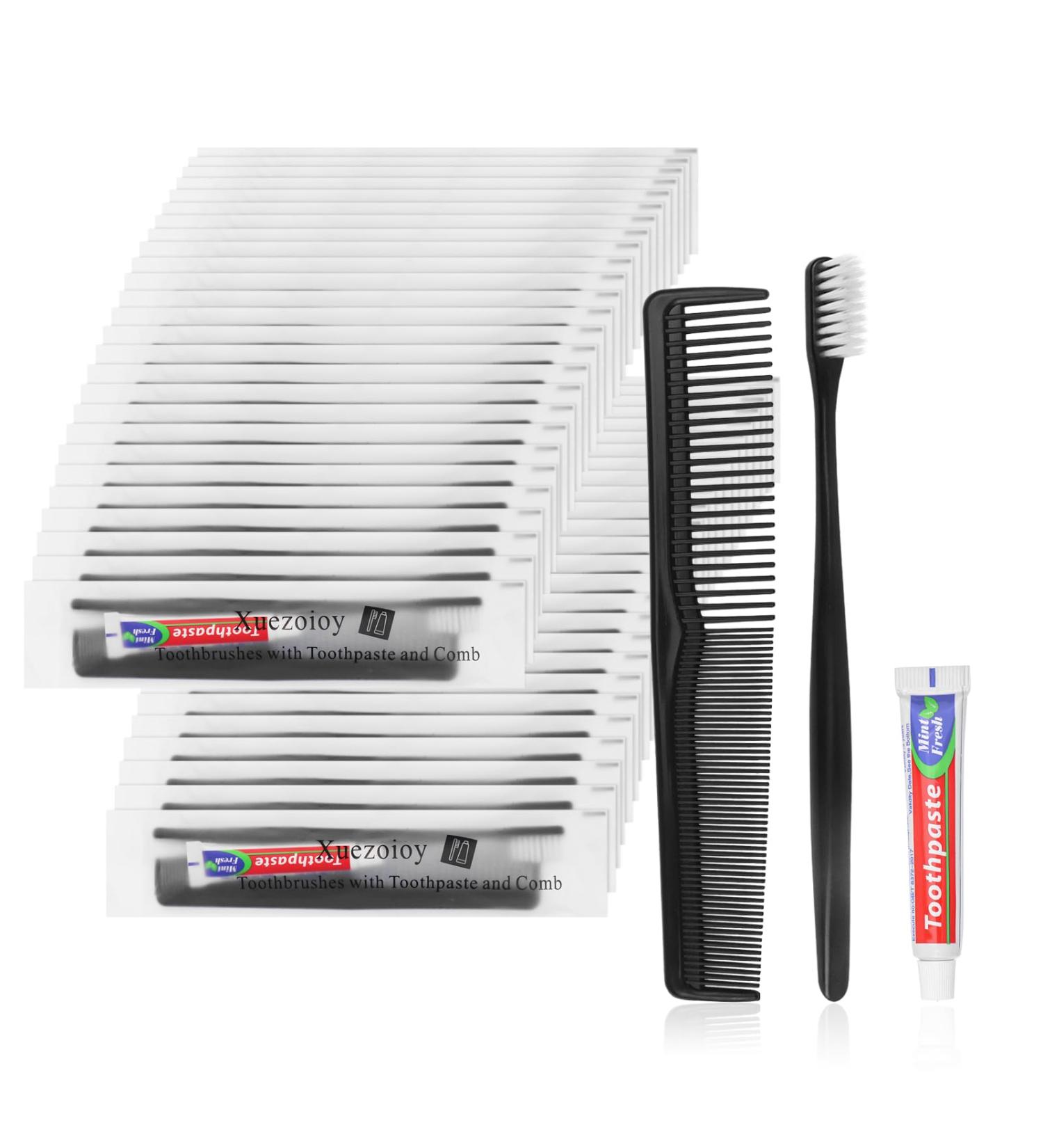 Xuezoy 50 Pack Black Disposable Toothbrushes with Toothpaste & Comb - Travel Set for Hotels Charities & Homelessness Relief - Buy Online on GoSupps.com