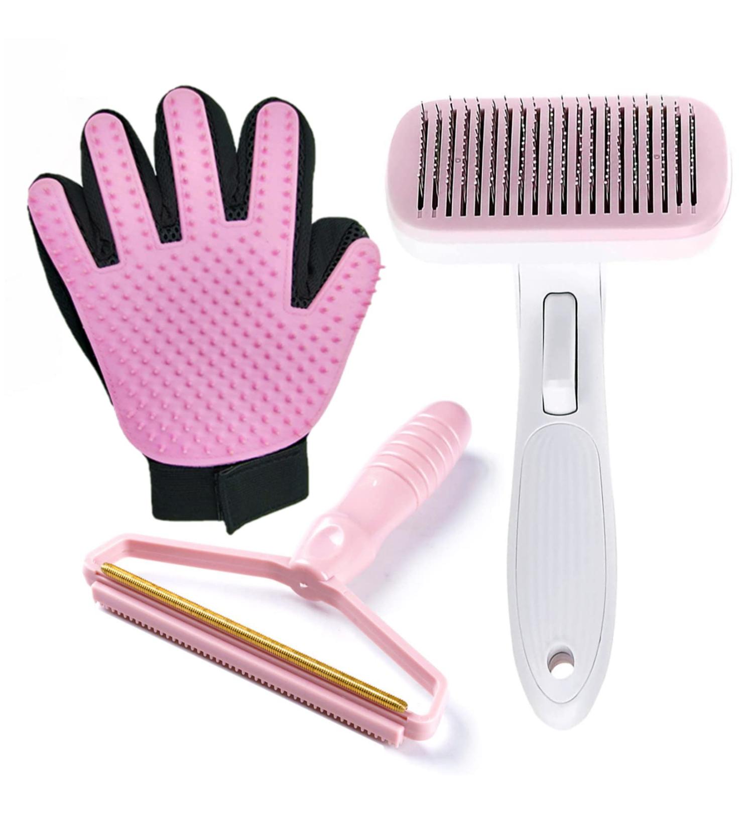 Coopupet 3-in-1 Pet Hair Brush Set: Self Cleaning Slicker Brush, Grooming Glove, Lint Remover - Ideal for Long & Short Haired Dogs & Cats - Reduces Shedding - Efficient Pet Hair Remover - Pink - Buy Online on GoSupps.com