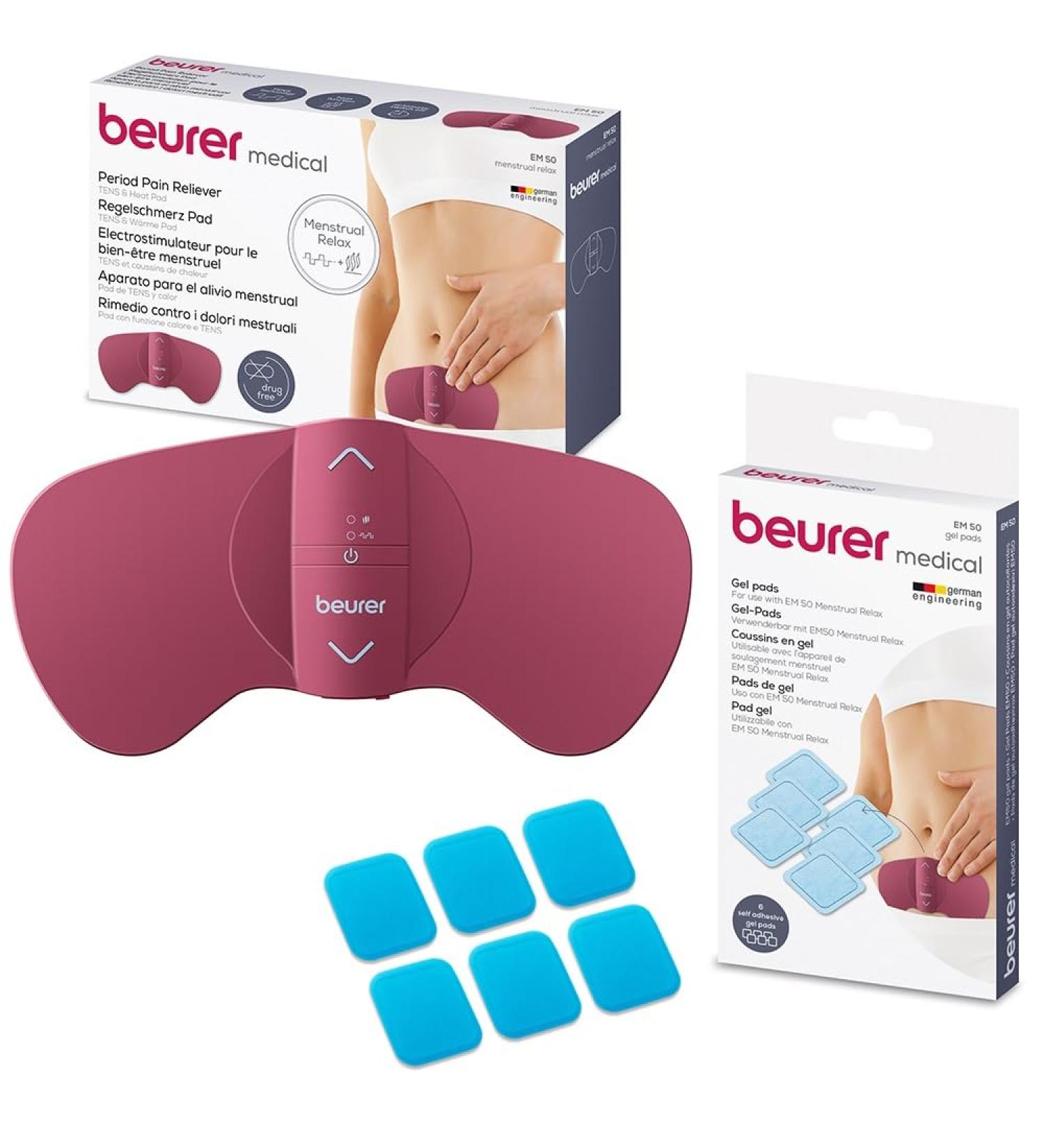 Beurer EM 50 Menstrual Relax TENS Device - Alleviate Menstrual & Endometriosis Pain | Rechargeable Heat Function & 6 Gel Pads Included - Buy Online on GoSupps.com