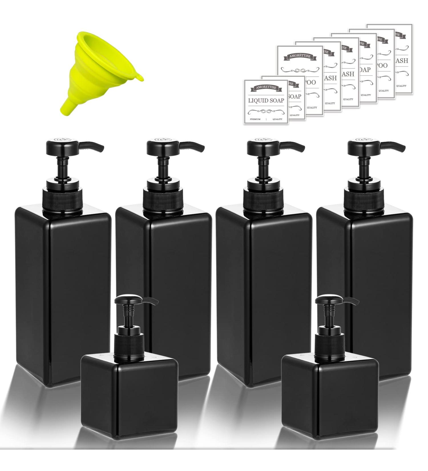 6 Pack Black Shampoo & Conditioner Dispenser Bottles - 4x 22 Oz & 2x 8 Oz Square Pump Bottles for Lotions, Shampoo, Body Wash - Refillable Plastic Bottles - Buy Online on GoSupps.com