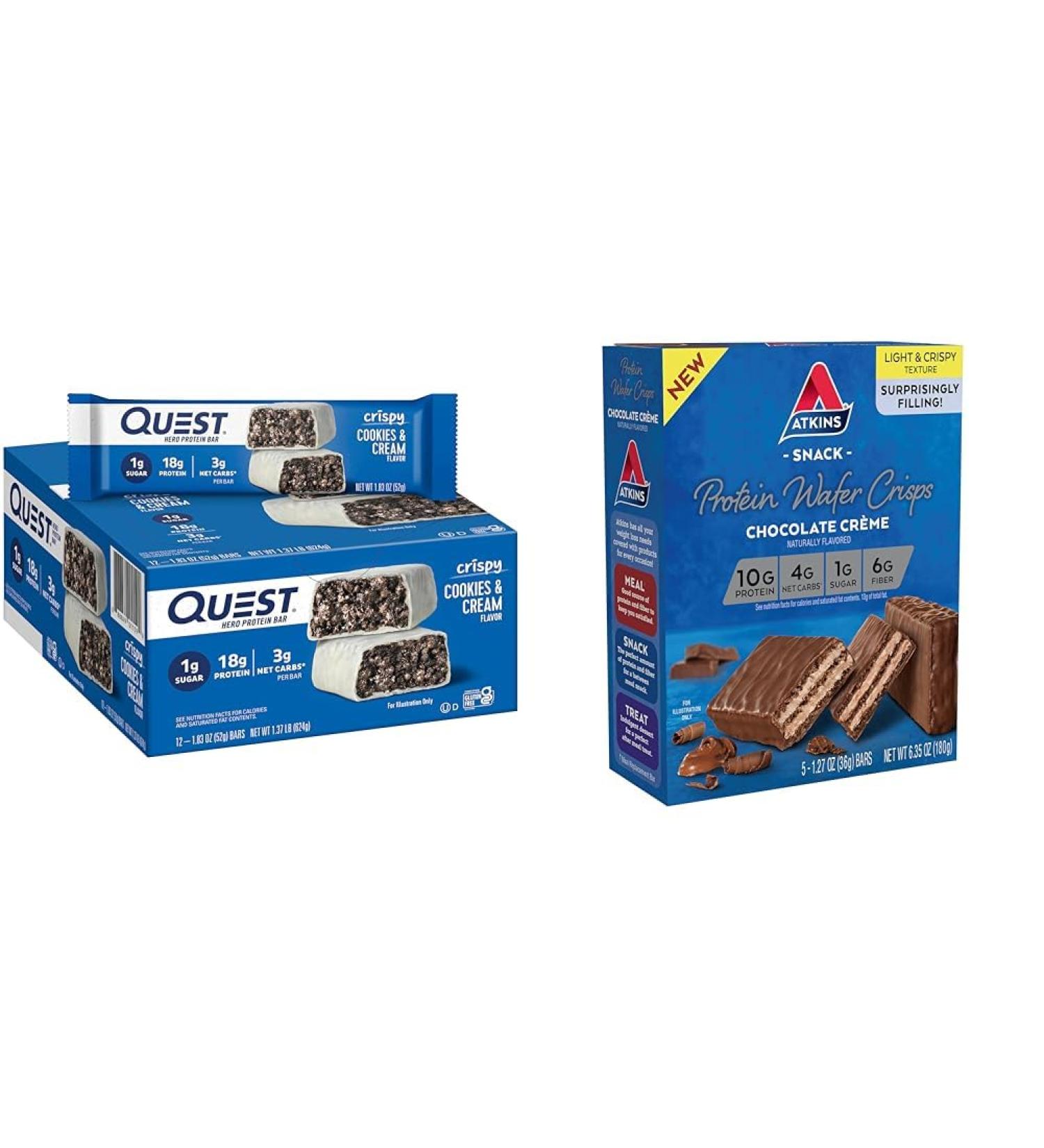 Quest Cookies & Cream Hero Protein Bar 18g Protein 12 Count and Atkins Chocolate Cr me Protein Wafer Crisps 5g Net Carb 5 Count - Buy Online on GoSupps.com
