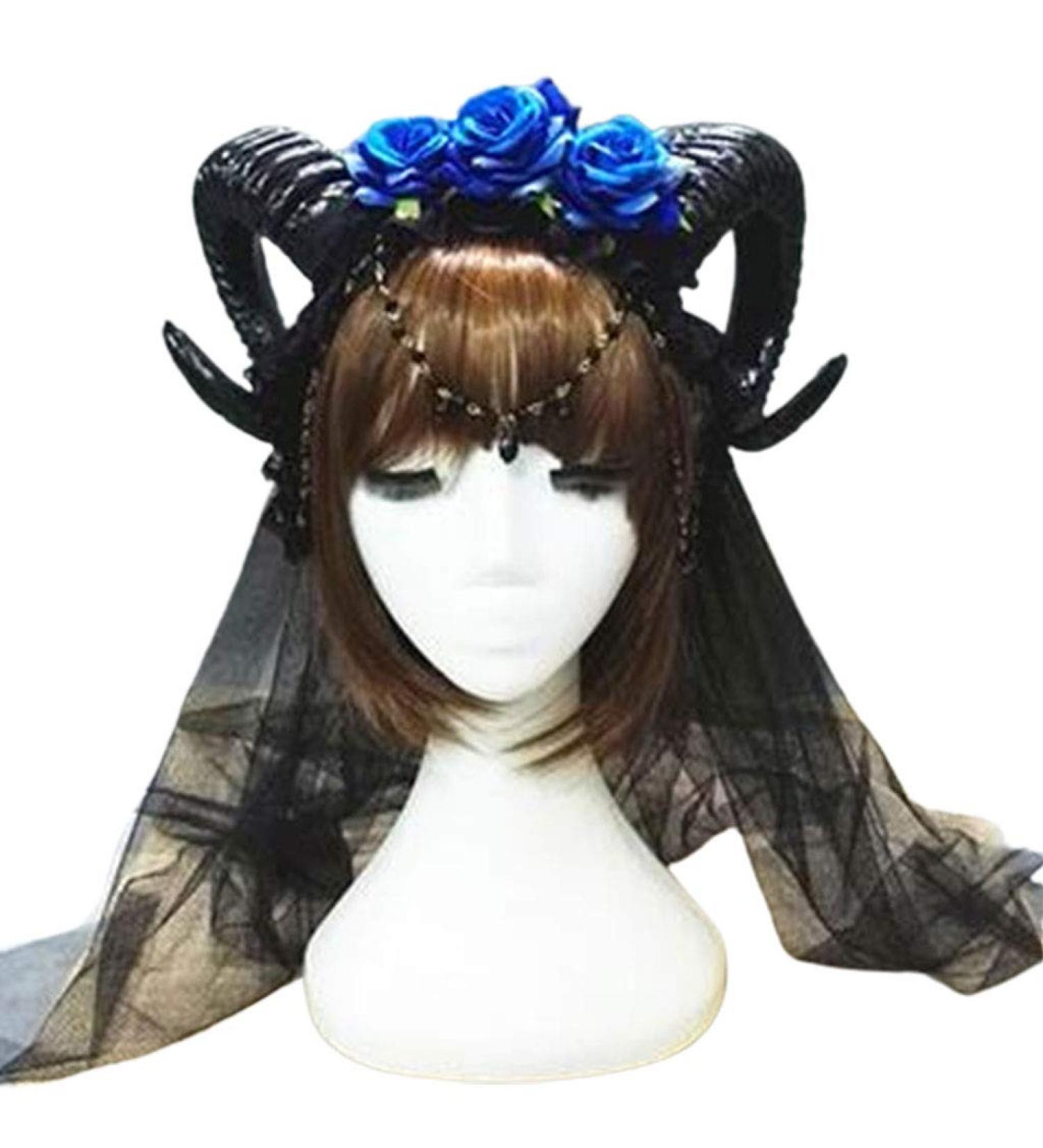 amangul Halloween Gothic Mesh Veil Headband Sheep Horn Rose Flower Chain Crown Hair Hoop(Blue) - Buy Online on GoSupps.com