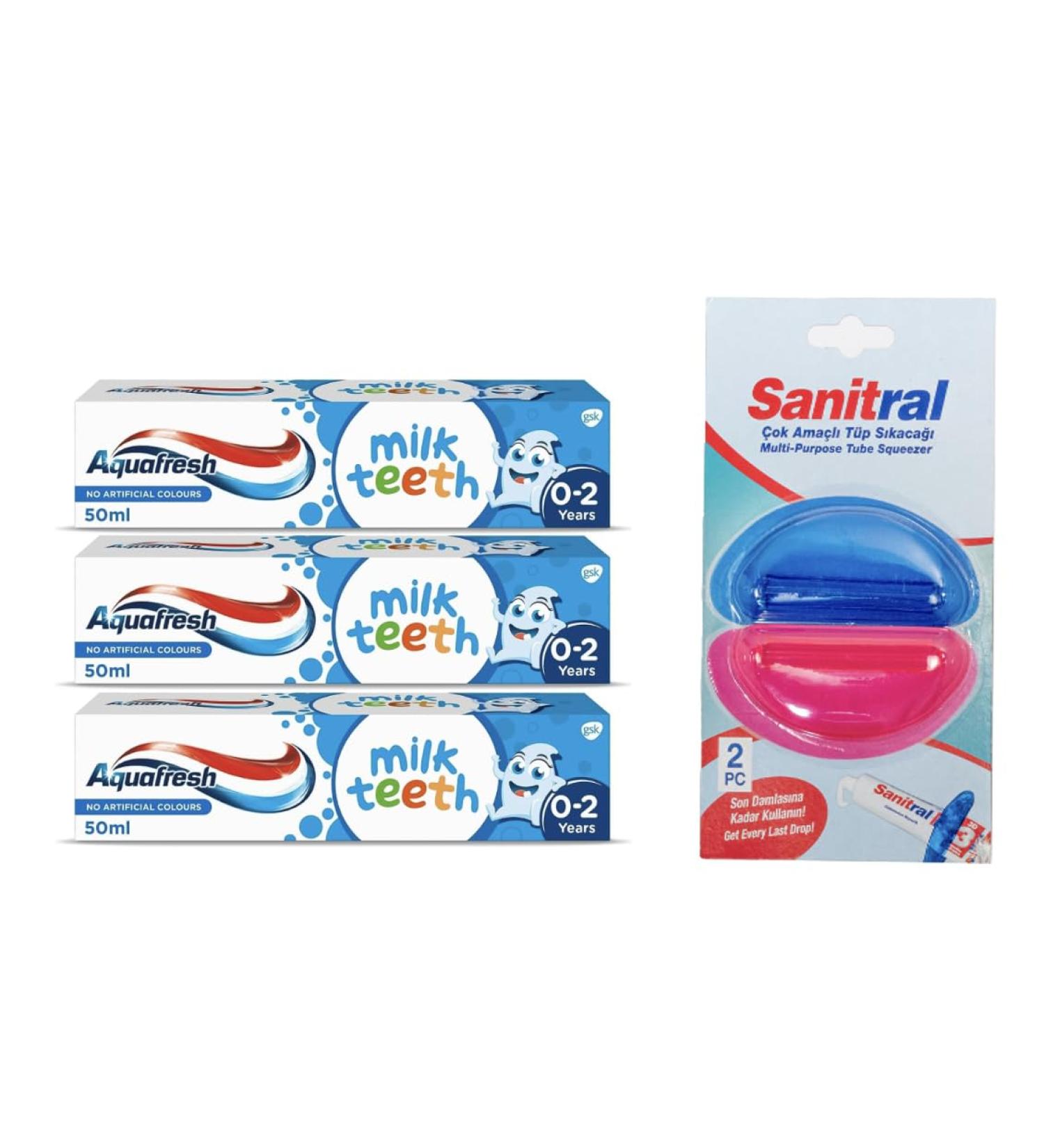 Aquafresh Milk Teeth Babies Toothpaste 50ml (Pack of 3)+ Sanitral Toothpaste Tube Squeezer (Set of 4) 1.50 g (Pack of 2) 3.0 - Buy Online on GoSupps.com