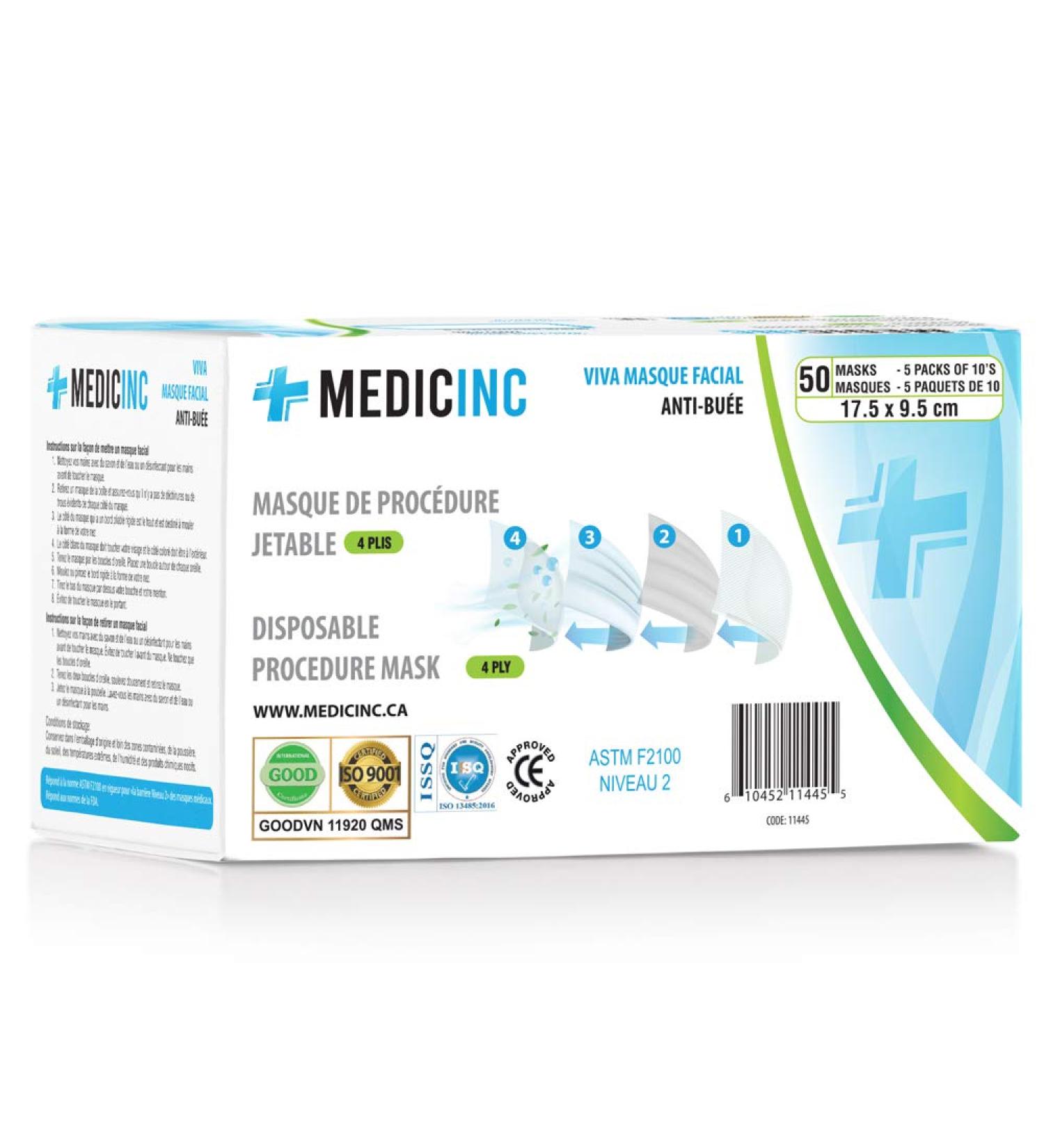 Medicinc Level-2 Disposable Procedure Face Masks - 4 Ply Face Mask Protection - 5 Packs Of 10 Units (50pcs) - Buy Online on GoSupps.com