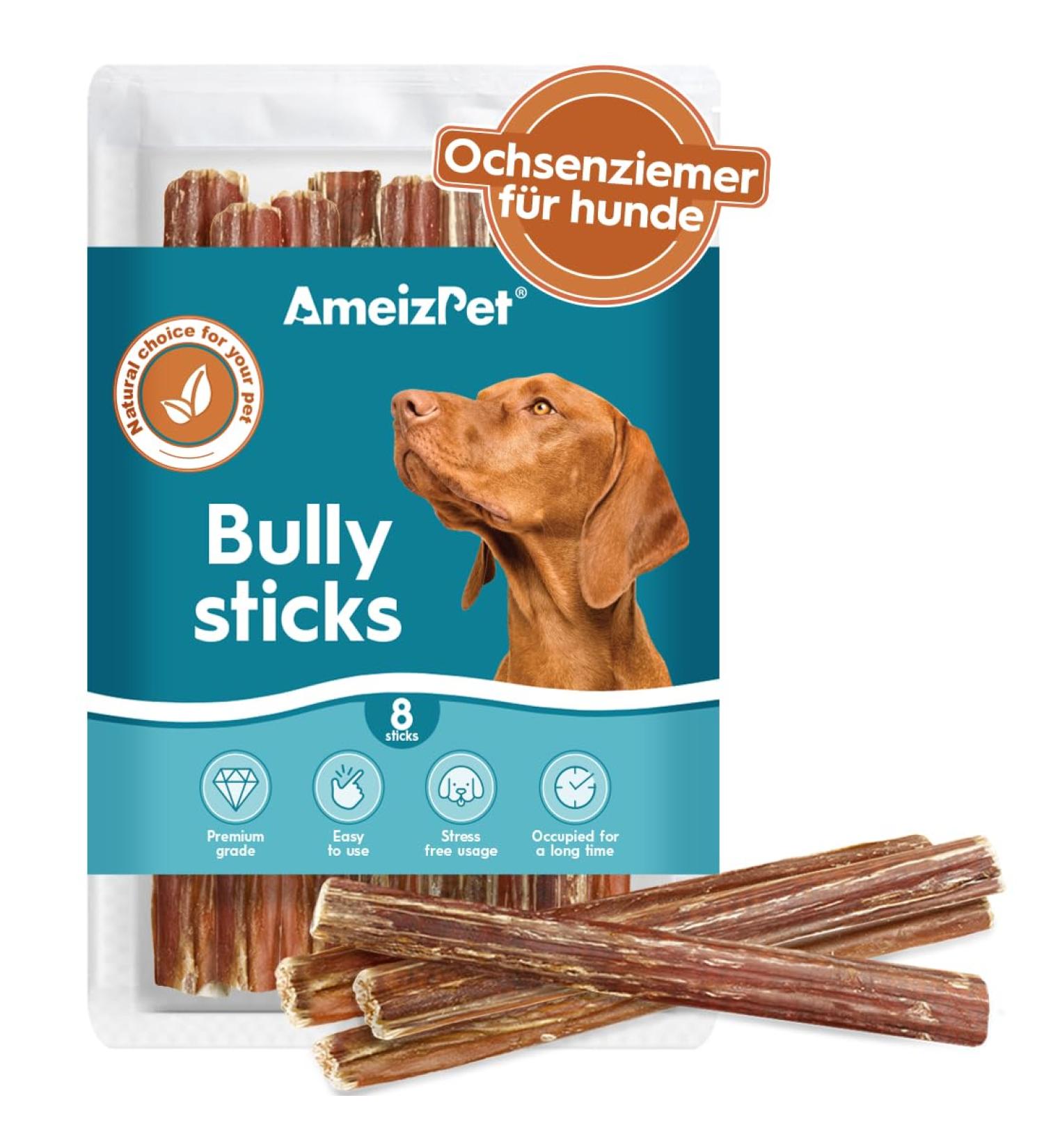 AMEIZPET Bully Pizzle Sticks for Dogs - 8 Natural Chews for Training & Dental Health 12cm (4.7 ) - Perfect for Puppies & All Breeds - Buy Online on GoSupps.com
