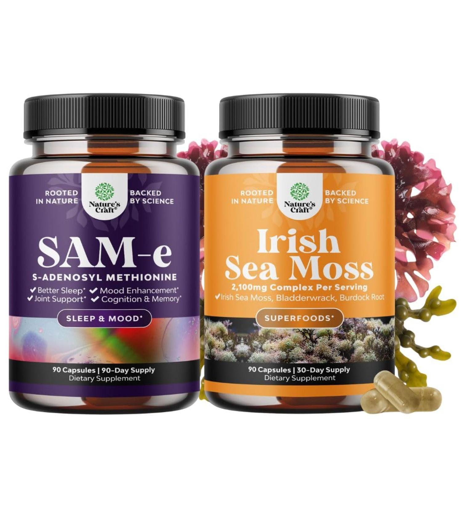Bundle of Pure SAM-E Nootropic Brain Supplement and Organic Irish Sea Moss Capsules -Immune Support and Mood Support Supplement - Sea Moss and Bladderwrack Capsules with Burdock Root Superfood Blend - Buy Online on GoSupps.com