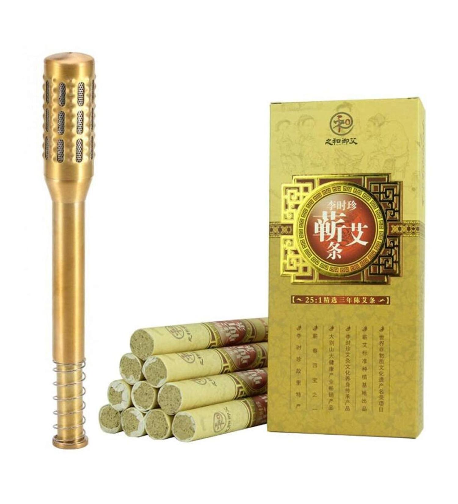 Zhongjiuyuan Big Brass Moxa Rader - 10 Pieces Moxa Sticks for Meridian Massage & Chinese Medicine Therapy | Health Care for All Ages - Buy Online on GoSupps.com