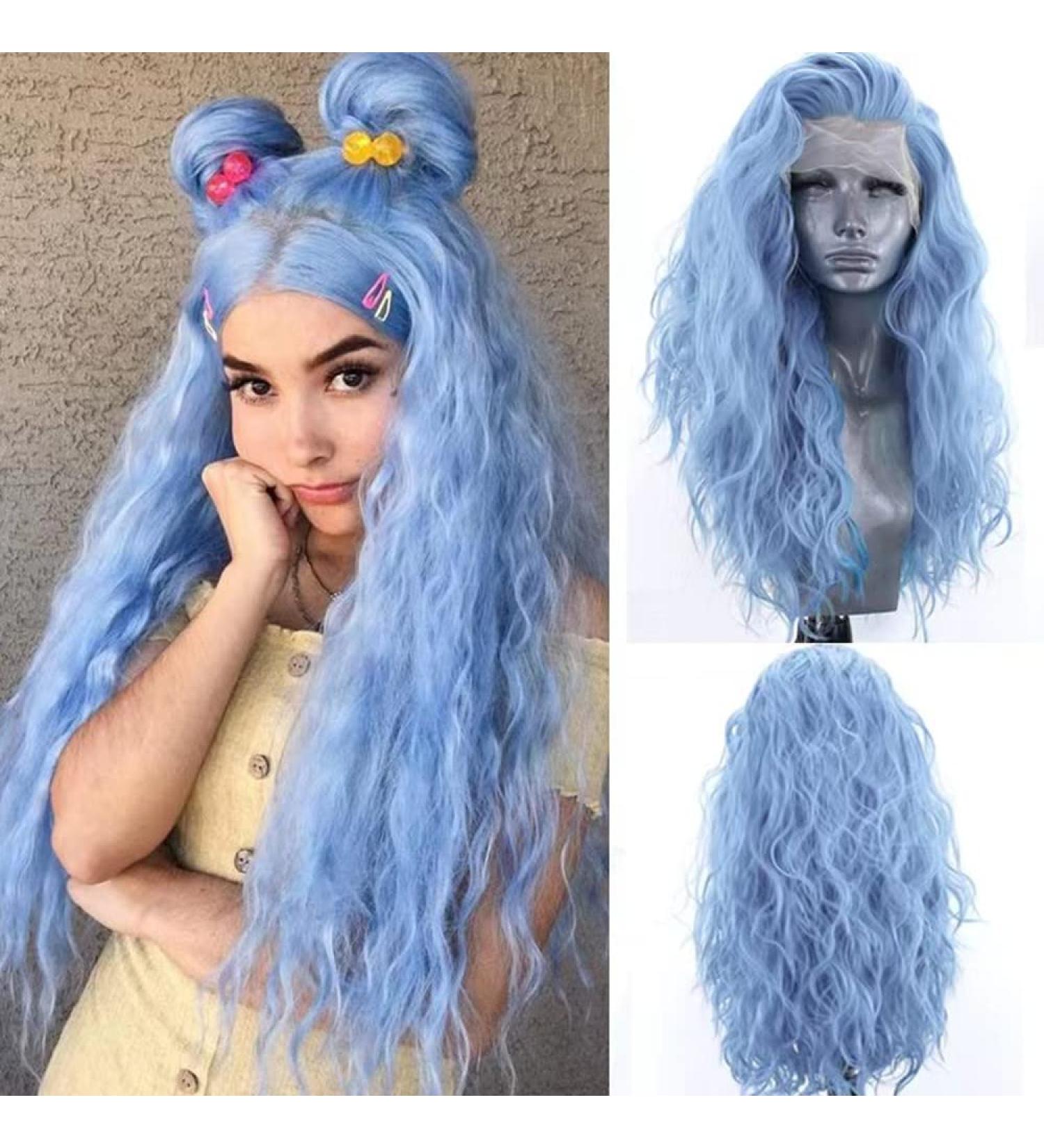 Shop Aqua Blue Lace Front Wigs for Women - 24in Heat-Resistant Synthetic Hair 13x3 Side Part - Green Mirn Wellig - Buy Online on GoSupps.com