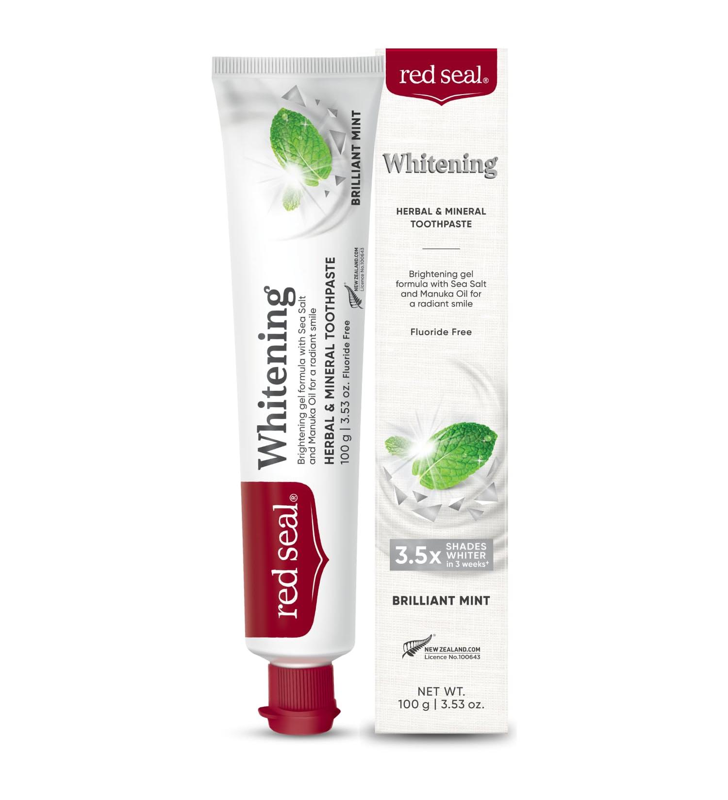 Red Seal Brilliant Mint Whitening Toothpaste - Vegan Fluoride Free Natural Ingredients NATRUE Certified 3.53 oz - Cruelty Free & Paraben Free - Buy Online on GoSupps.com