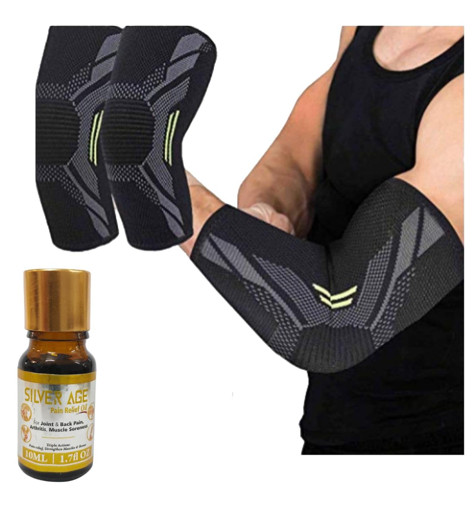 SilverAge Elbow Support for Gym | Elbow Brace for Pain Relief | Compression Sleeves for Tendonitis | Robotic Solution for Volleyball & Cricket - Medium (Free 10ml Oil - Buy Online on GoSupps.com