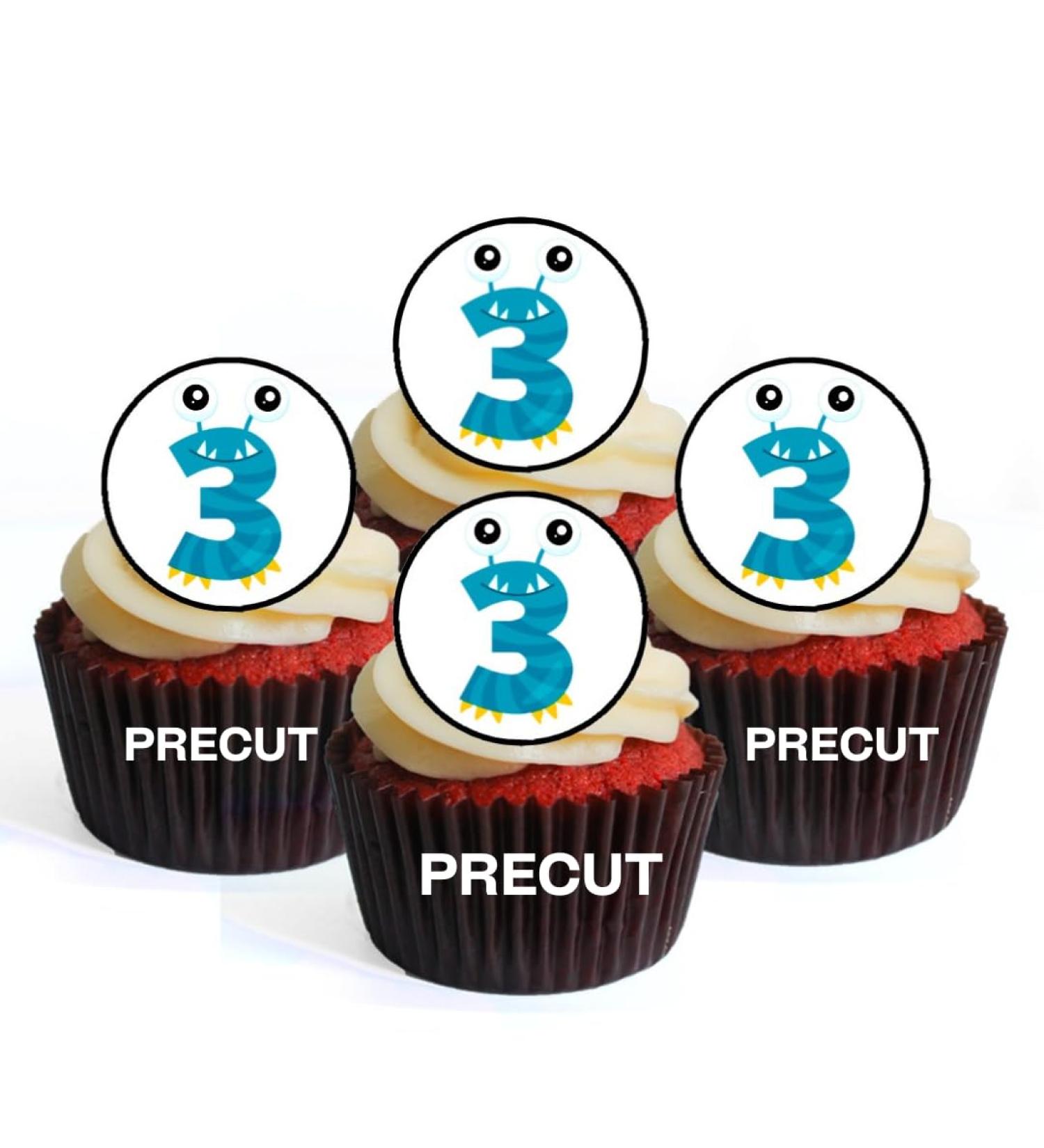 PRECUT Monster 3rd Birthday Edible Cupcake Toppers - Monster Numbers Theme Premium Thickness SWEETENED VANILLA - wafer card disc cake decorations (Pack of 24) - Buy Online on GoSupps.com