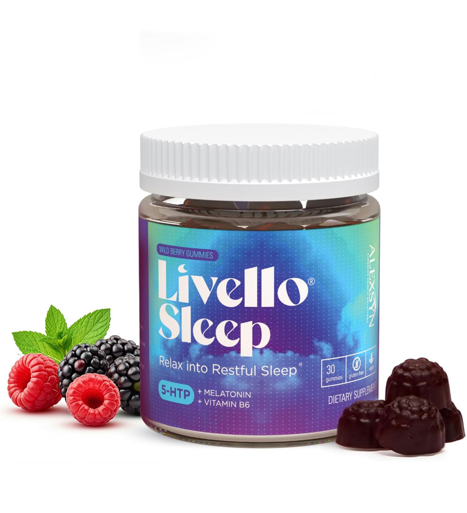 Alexsyn Livello Sleep Wild Berry Gummies - 30 Servings Natural Sleep Support with 5-HTP Melatonin and Vitamin B6 for Peaceful Night Vegan & Gluten-Free - Buy Online on GoSupps.com