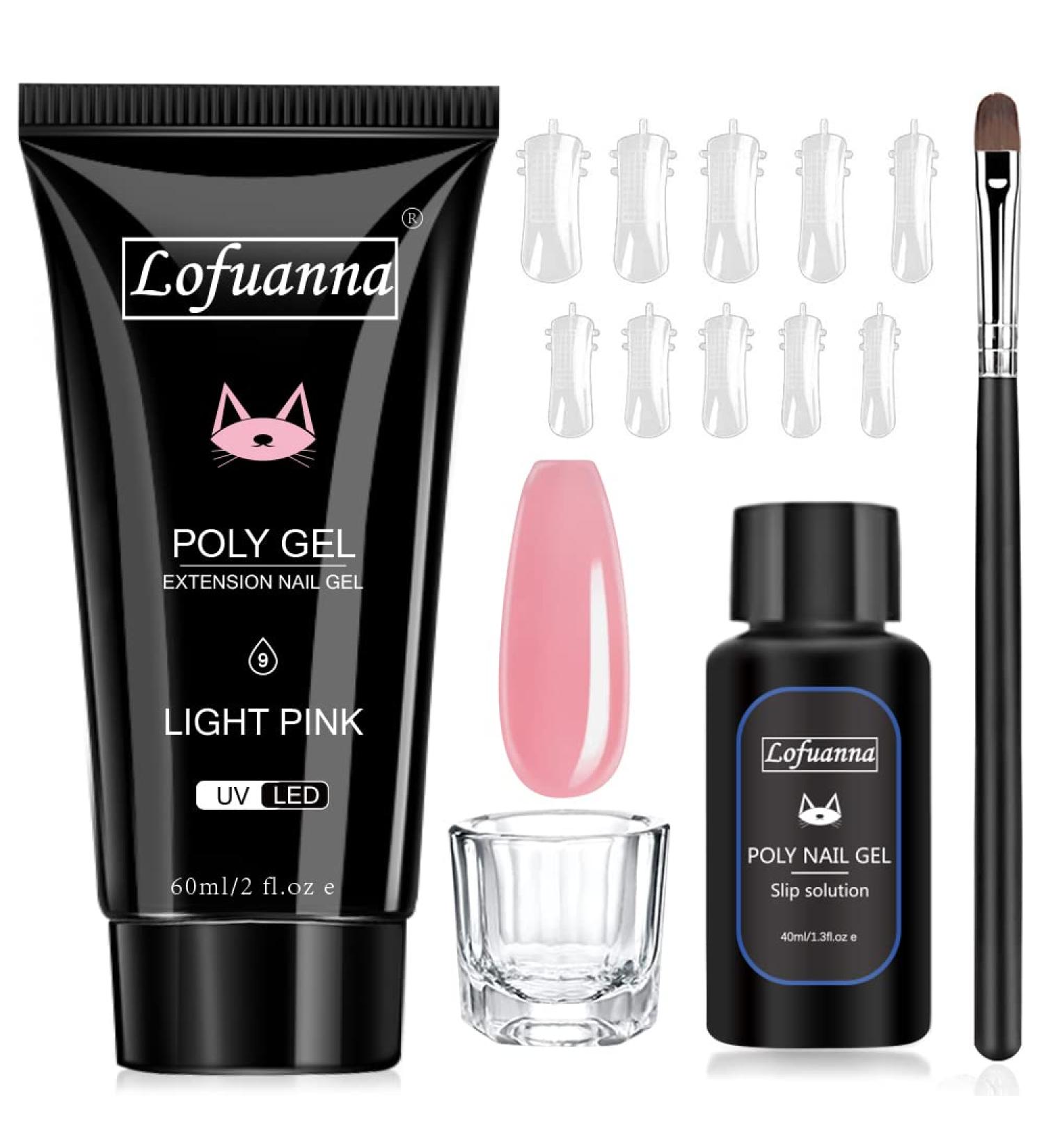 Lofuanna Poly Nail Gel Set 60ml - Pink Nail Extension Gel Kit with Slip Solution Nail Forms Brush & Glass Cup | Perfect for Nail Art Beginners - Buy Online on GoSupps.com